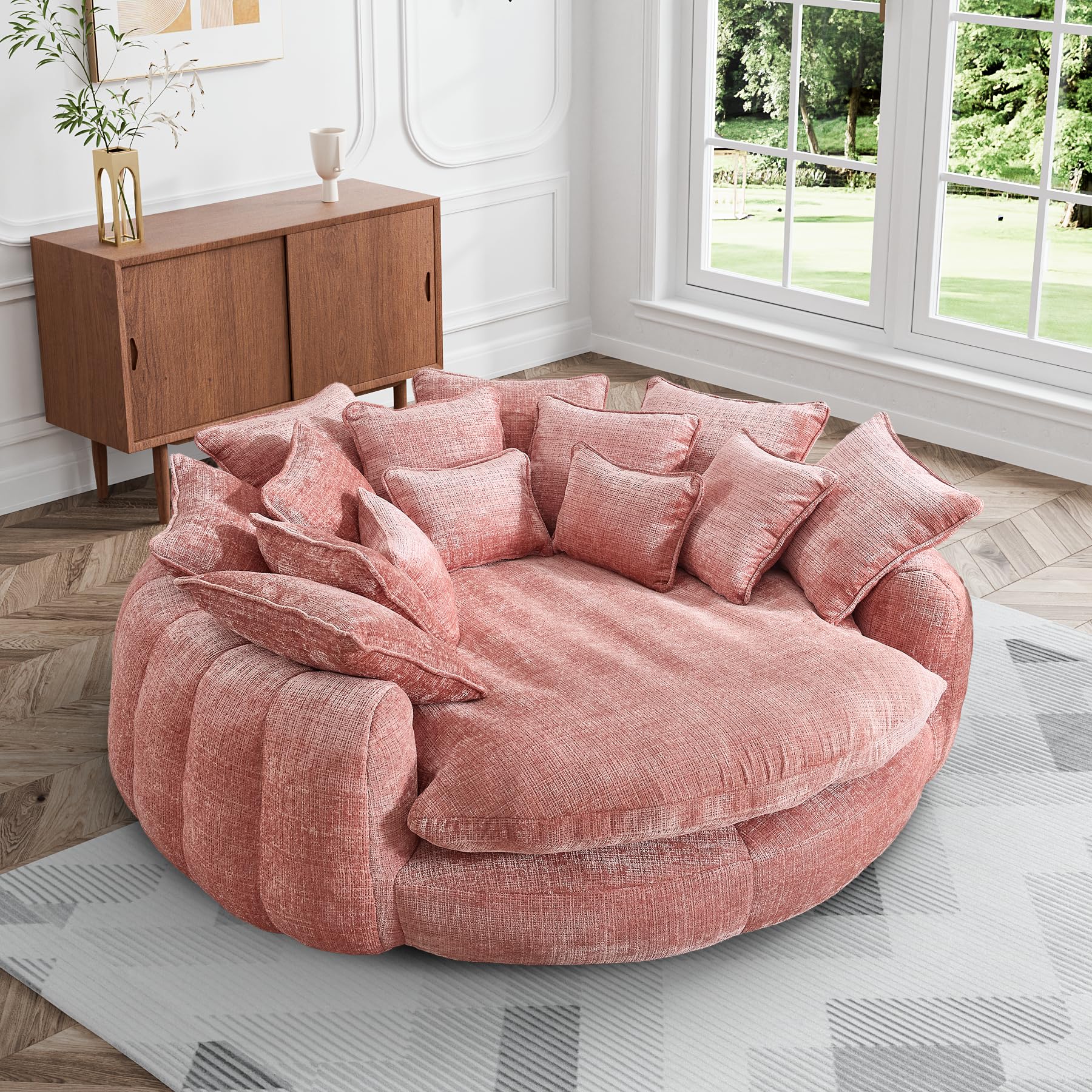 Wrofly 81.1" W Oversized Round Chaise Lounge, Fluffy Lazy Bean Bag Sofa with 14 Pillows, Comfy Chenille Upholstered Barrel Sleeper Bed, Modern Deep