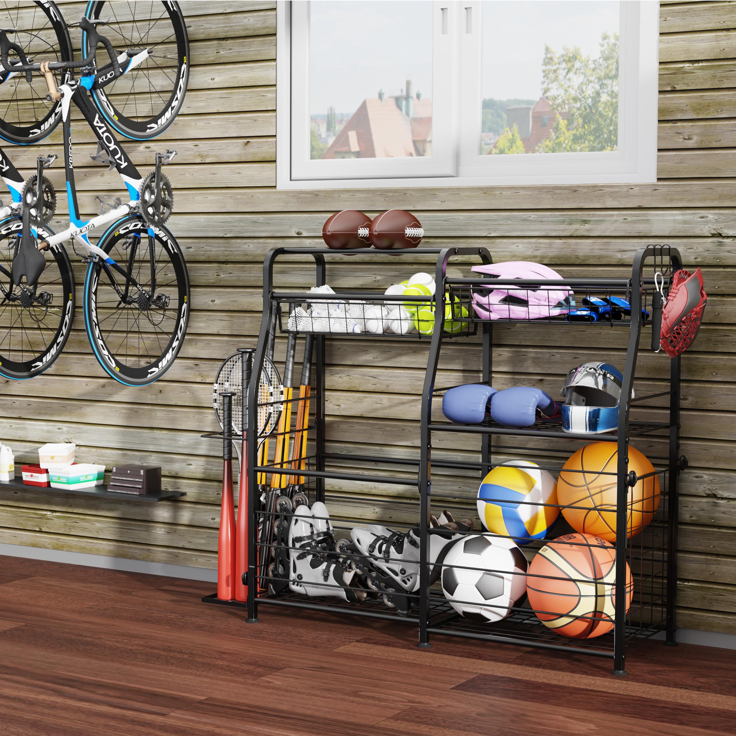Garage Sportgeräte Organizer, Ballaufbewahrungsregal, Garagen-Organizer-System, Indoor/Outdoor-Sportregal, Sportausrüstung, Aufbewahrung für Basketbälle, Fußball, Volleyball, schwarz