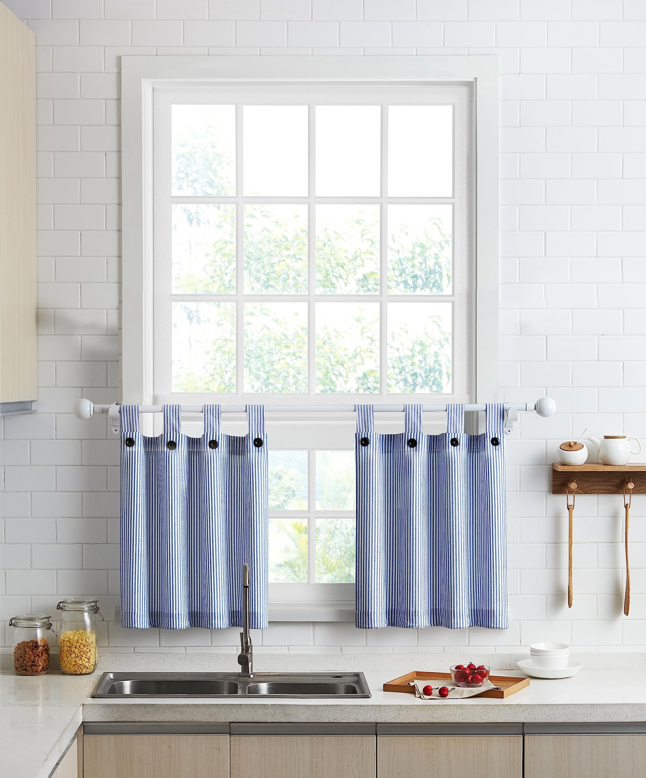 July Joy Cotton Tier Curtains 24 Inches Long Country Kitchen Curtains Tab Top for Small Window Bathroom Farmhouse 27" x 24" x 2, Navy