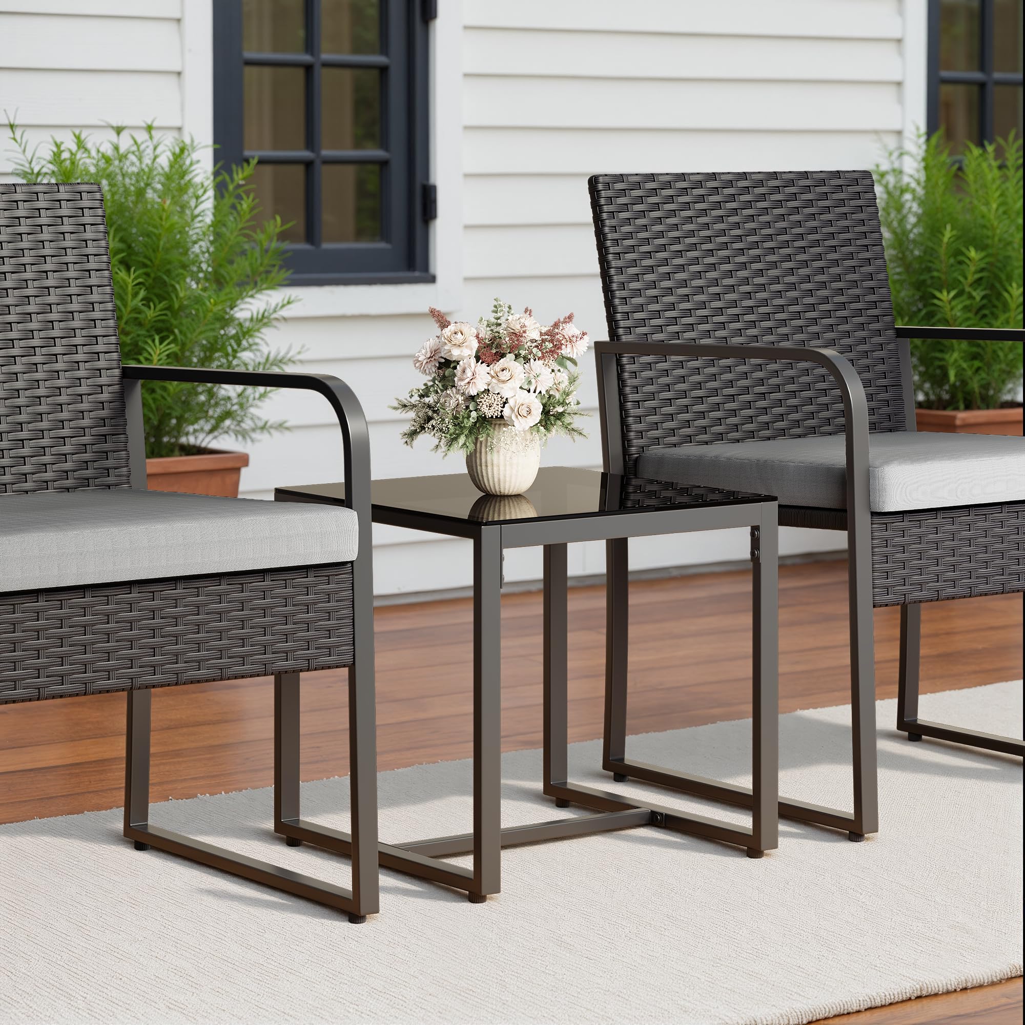 Set Giardino in Rattan per 2 Persone, Mobili da Esterno in Vimini con Cuscini, Tavolino e 2 Sedie per Terrazza, Balcone, Giardino o Piscina (grigio)