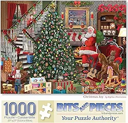 Bits and Pieces Quebra-cabeça de Natal de 1000 peças para adultos – Christmas Joy by Bigelow Illustrations – Quebra-cabeça de Papai Noel com peças exclusivas de corte aleatório, 51 x 68 cm