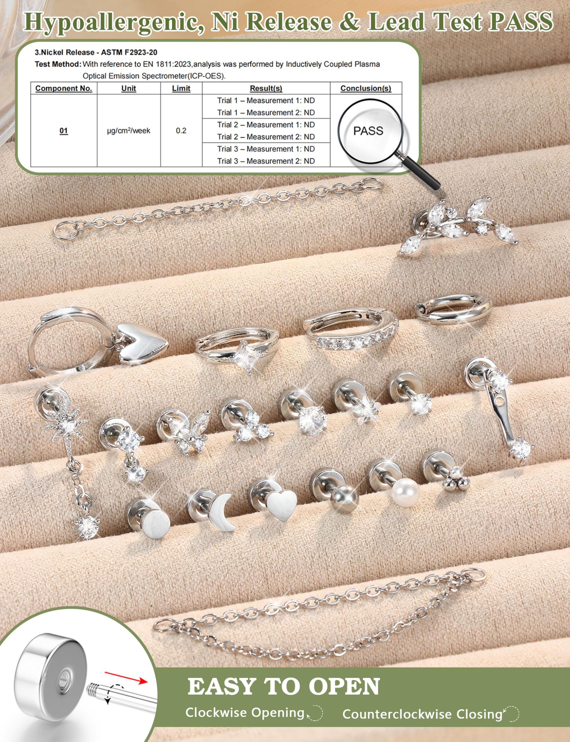 CASSIECA 21Pcs Orecchini Donna Acciaio Chirurgico Piercing Orecchio Orecchini Anallergici Donna Piercing Helix Trago Ipoallergenica Multi Piercings