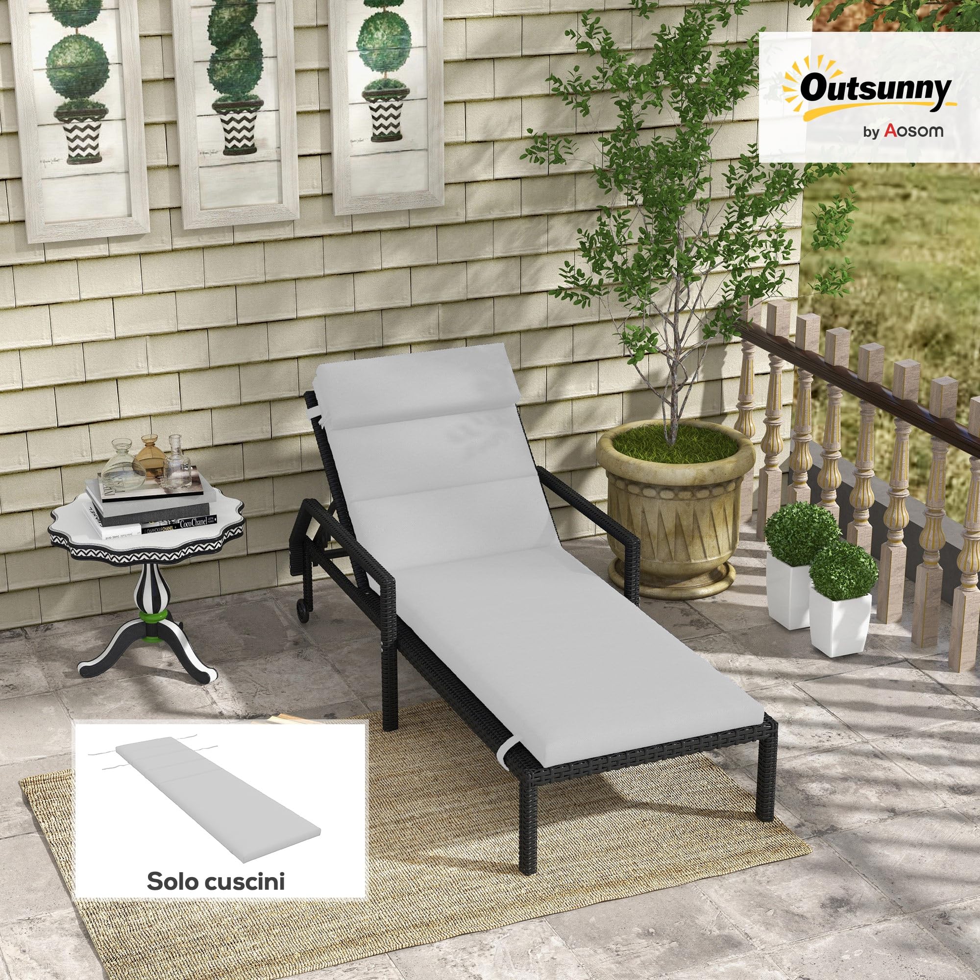 Outsunny Cuscino per Sdraio e Lettino Prendisole, Cuscino Imbottito con Poggiatesta e Lacci in Poliestere Resistente all'Acqua, Grigio Chiaro