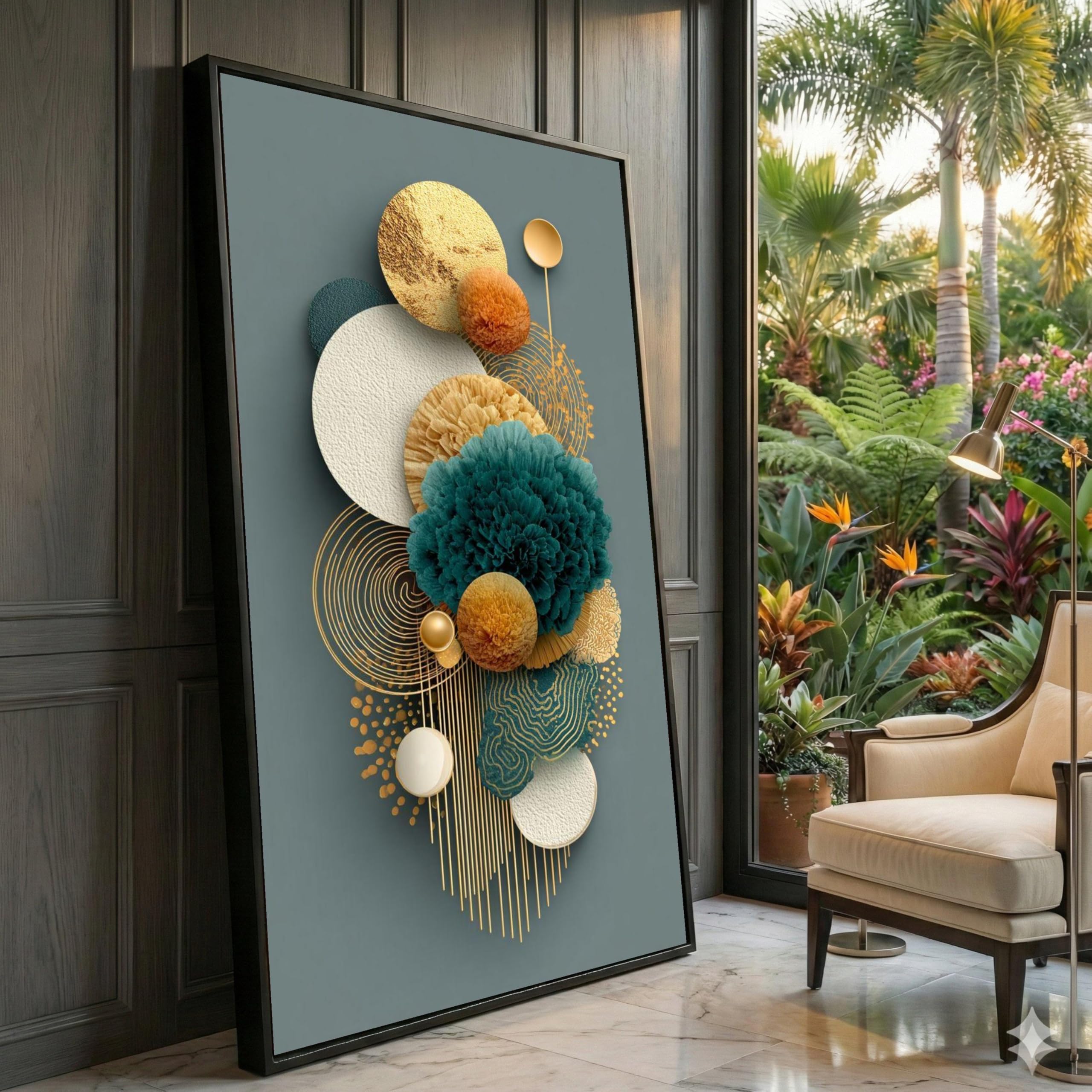 XINBAO Abstract Floral Canvas,3D Gold Texture Wall Art, Geometric Circles Design Pictures,Home Decor, Contemporary Canvas Print(80x140cm/Frameless)