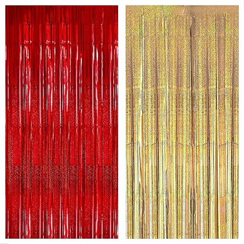 KatchOn, Cortina tipo telón de color rojo iridiscente, 6.4 x 8 pies, paquete de 2 cortinas con flecos iridiscentes color champán, grande, 6.4 x 8