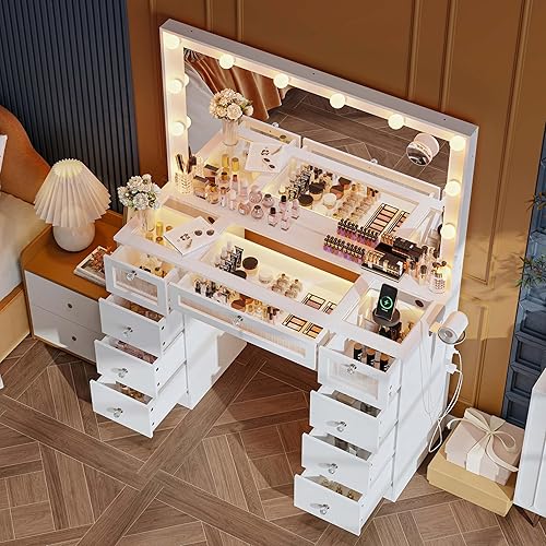 Miniatura 5 de Tocador blanco con espejo iluminado de 36.9" pulgadas, escritorio de tocador con parte superior de vidrio con 9 cajones y bombillas Hollywood de 3