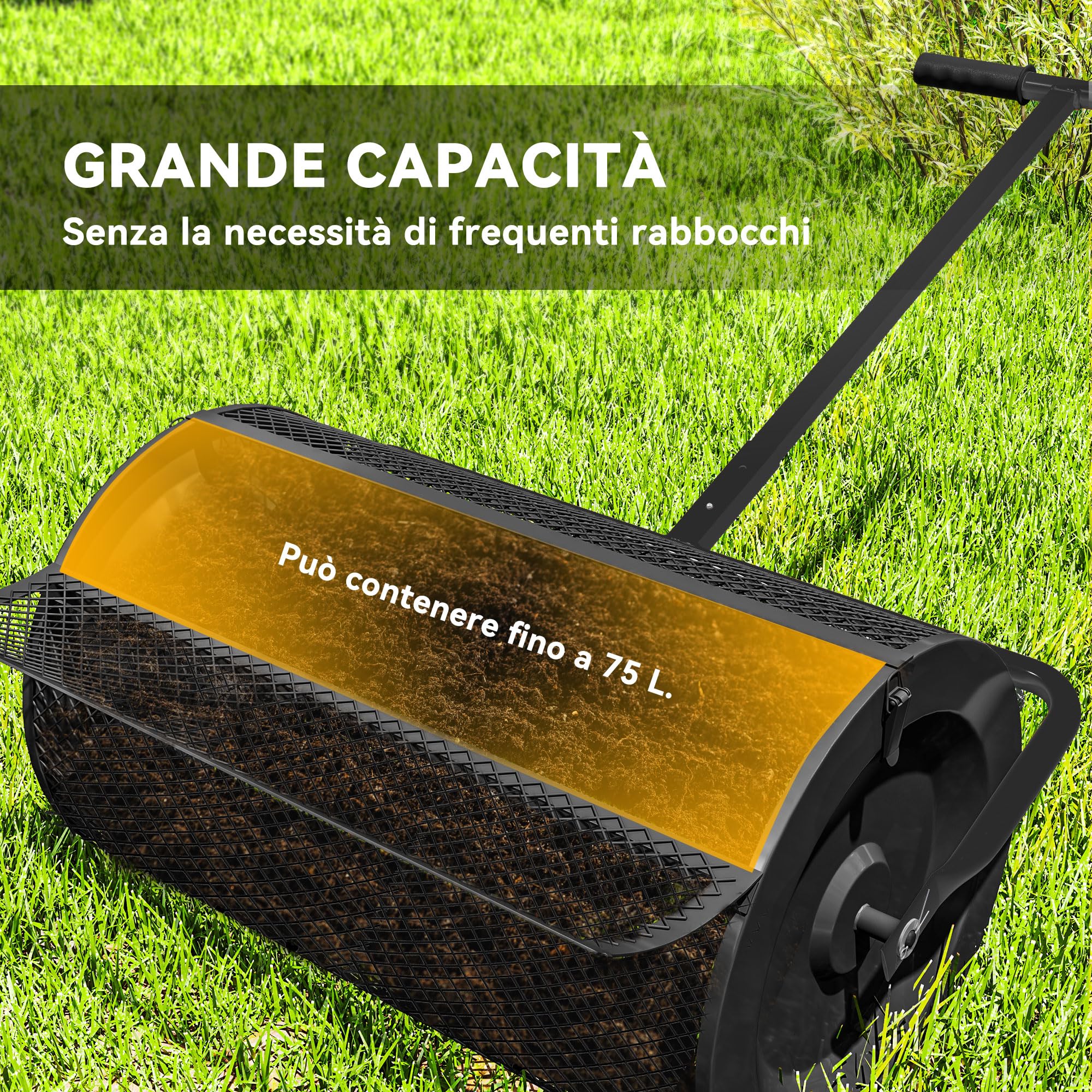 Outsunny Spandiconcime da 75L Manico a T Regolabile 70x40x112 cm Nero | Maniglia Imbottita, Rullo per Prato da Giardino in Metallo