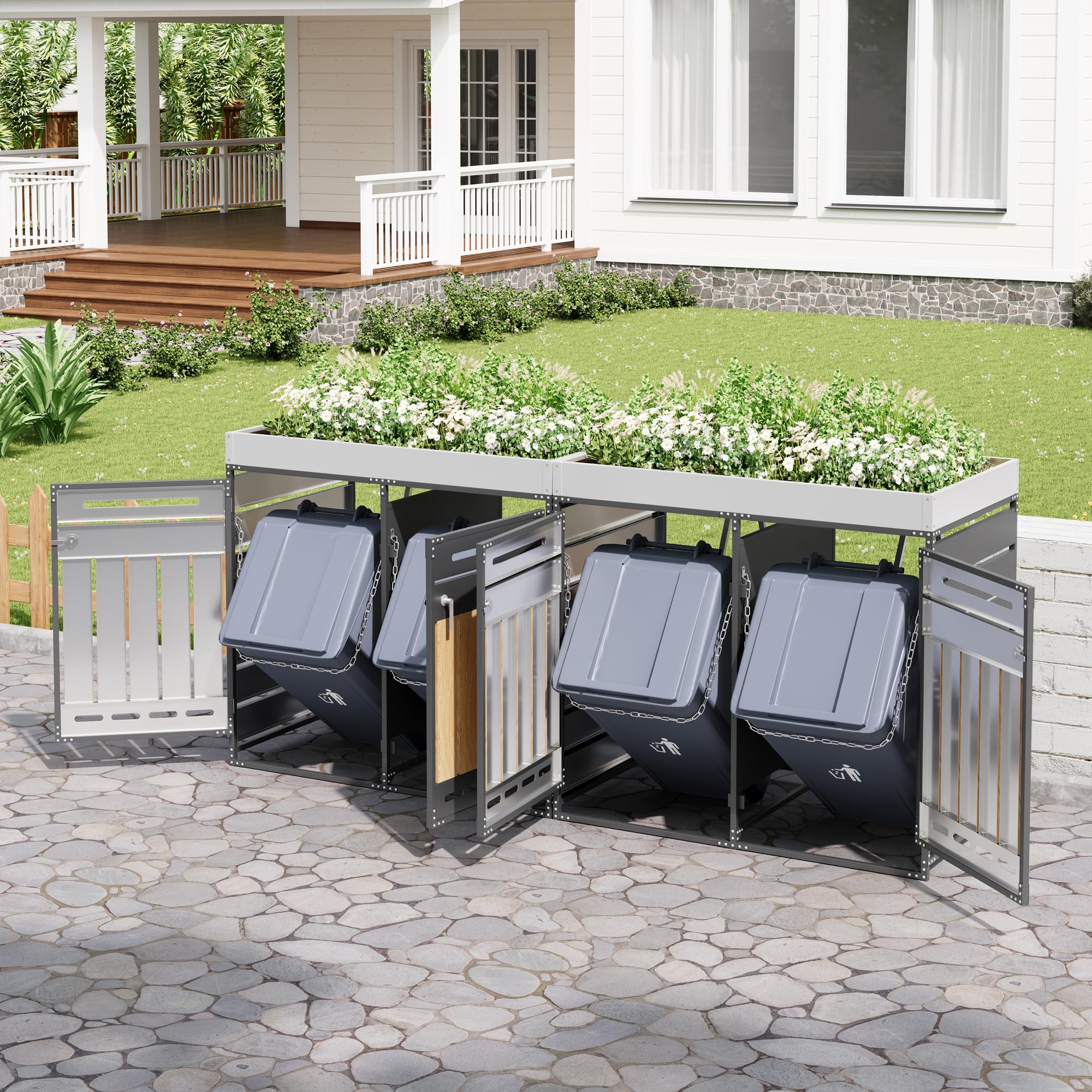 Merax Contenedor de basura de 4 puertas con jardinera, armario de almacenamiento de hierro para jardín, revestimiento para contenedores de basura con cerradura para 4 toneladas, resistente a la