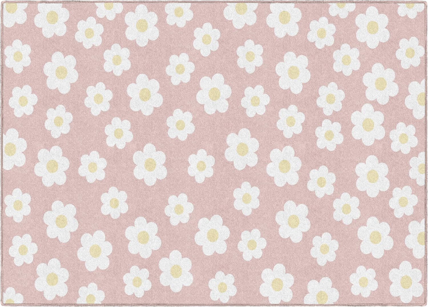 Flagship Carpets Retro Daisies on Pink Educational Area Rug for Kids Room Seating Décor, Children's Classroom, Play Carpet for Teaching and Playroom, 5' x 7'6"