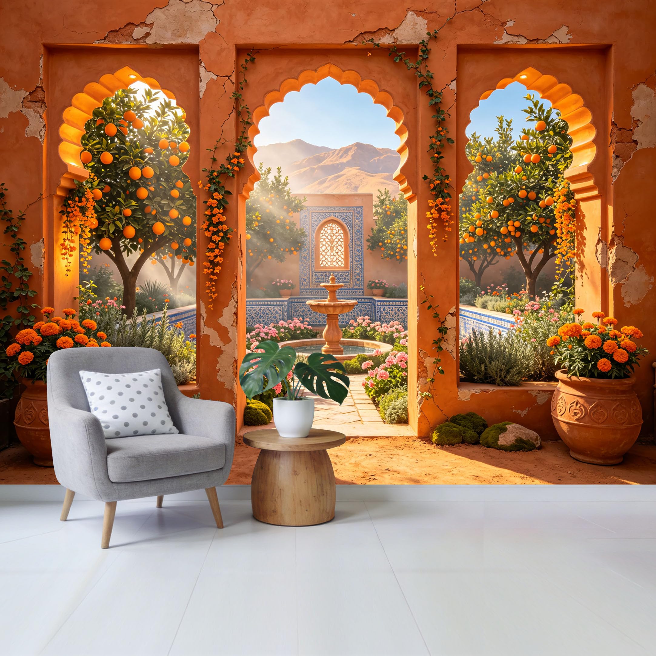 Custom Size Wall Mural Mediterranean Courtyard Orange Garden Fountain Landscape Removable Self Adhesive Fabric Home Wall Decor for Living Room Bedroom Bathroom
