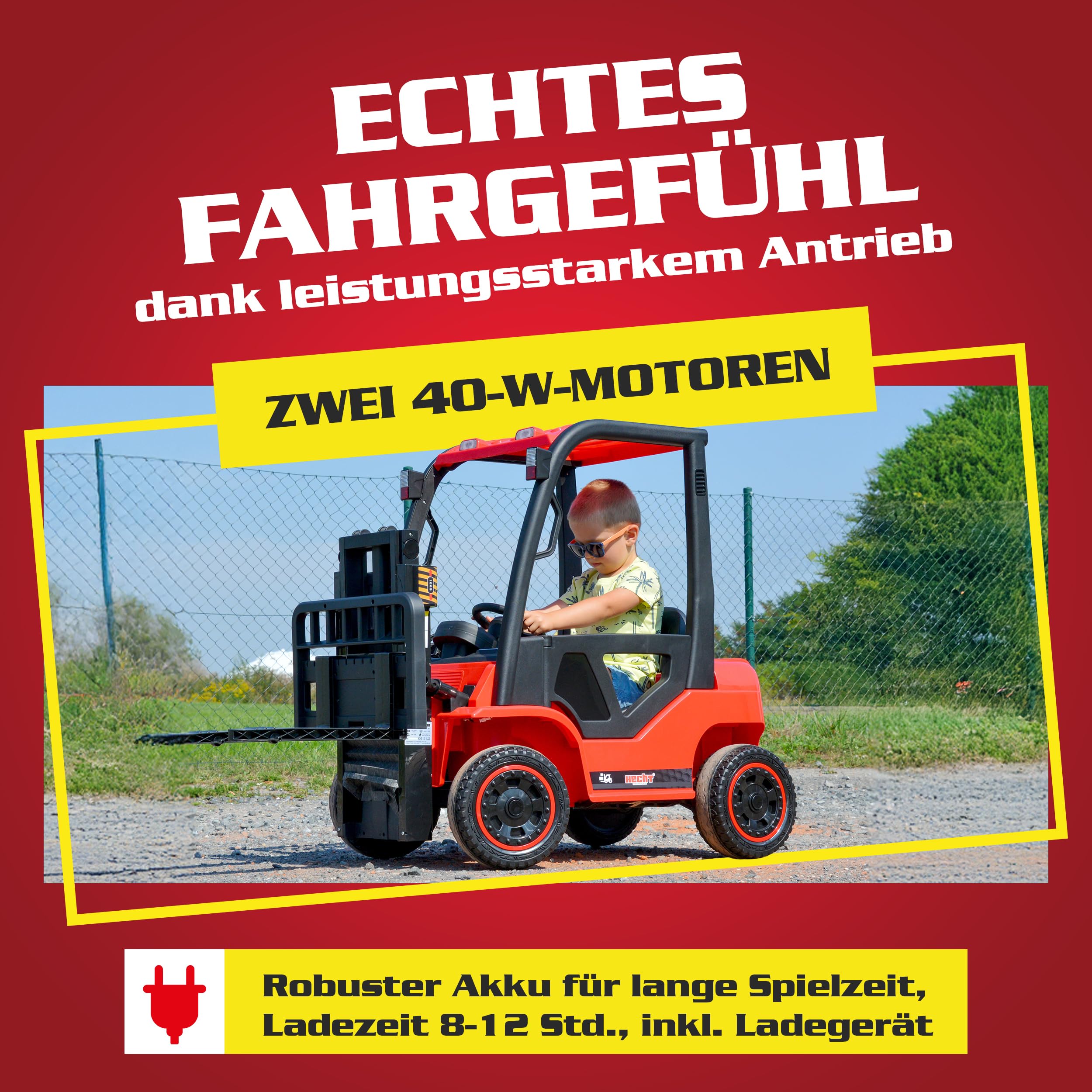HECHT Kinder Elektro Gabelstapler 12V rot mit Fernbedienung | 2x40 W Motoren, ferngesteuertes Kinderfahrzeug ab 3 Jahre, bis 6 km/h, inkl. Palette und 35 kg Traglast