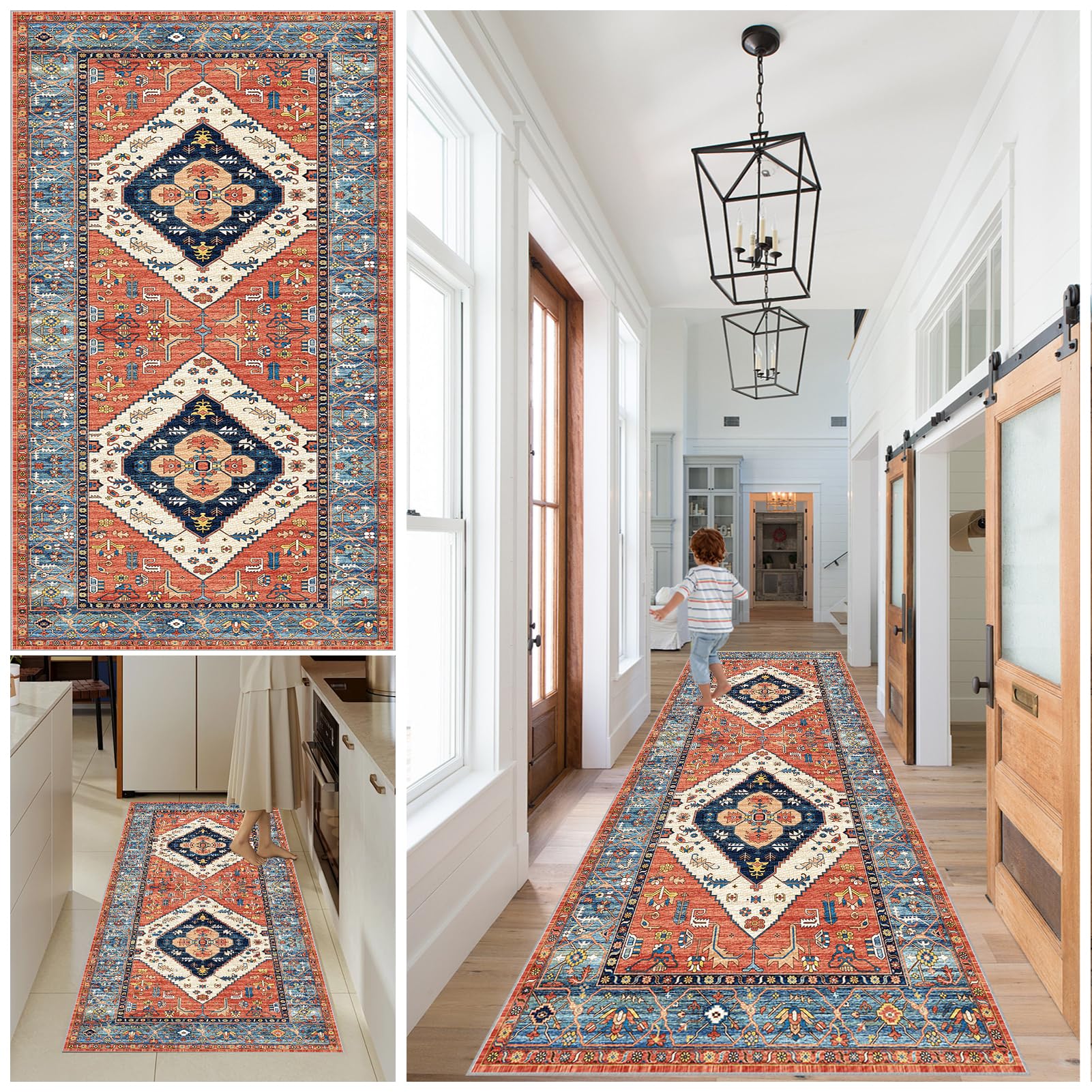 Hallway Runner Rug Kitchen Runners Non Slip washable runner Vintage Carpet Runners for Entryway Long Absorbent Low Pile Floor Mat Hall Runners for Kitchen Bedroom Entryway Laundry 60 x 260 cm