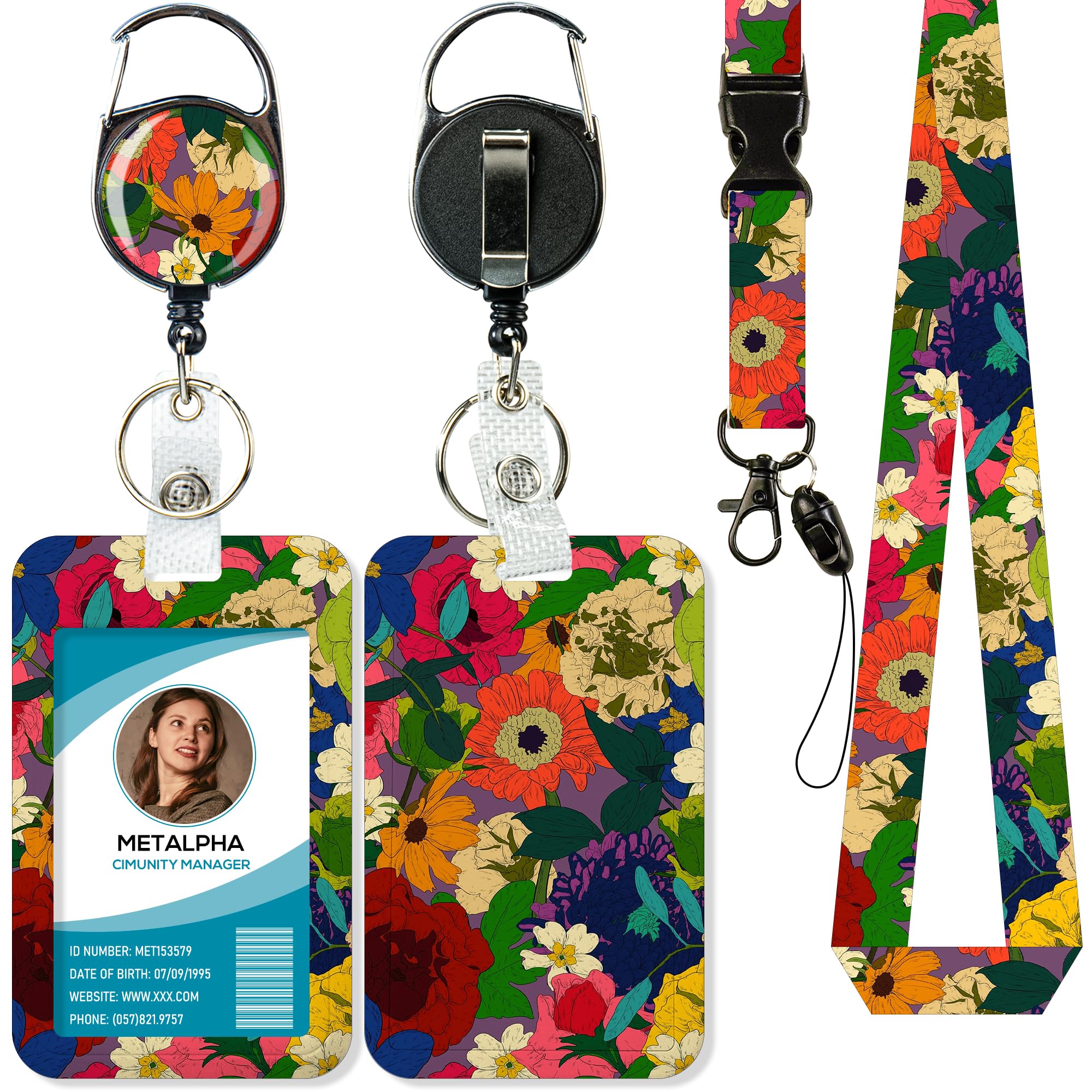 METALPHA Lanyards for ID Badges, Floral Badge Holder with Retractable Reel Clip, Cute Lanyard with ID Holder, ID Card Holder with Breakaway Lanyard