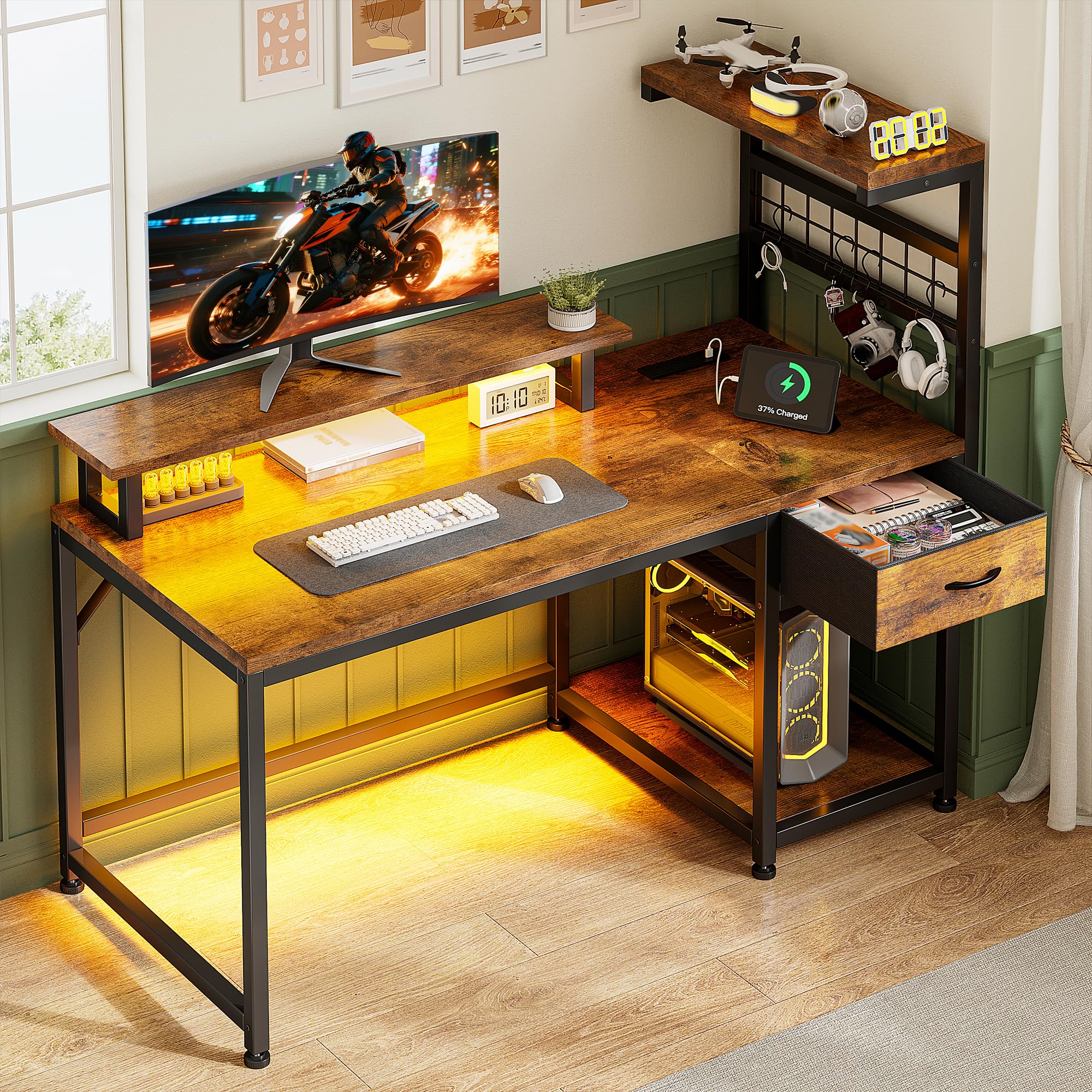 EnHomee 40" Computer Desk with Power Outlets & LED Lights, Gaming Desk with Drawer & Storage Shelves, Reversible Home Office Desk with Monitor Stand,