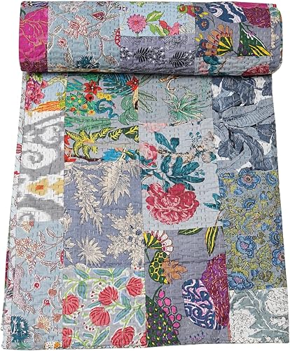 Vista 105 de Marubhumi Edredón tradicional indio de algodón puro, estampado de cachemira, colcha Kantha multicolor (multicolor-22, individual (60 x 90 pulgadas)