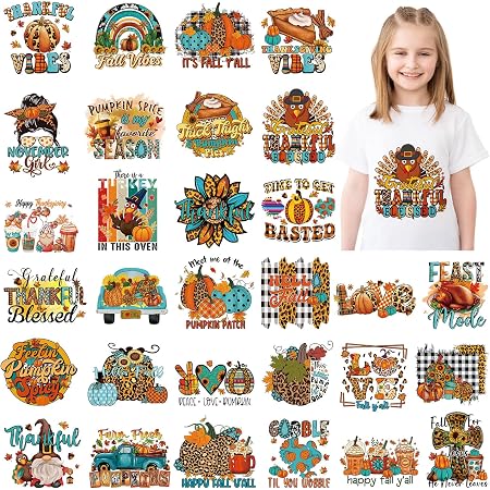 Qeeenar 30 Pcs Fall Iron-On Transfer Patches - Pumpkin, Maple Leaves, Turkey Designs For DIY Shirts & Pillows