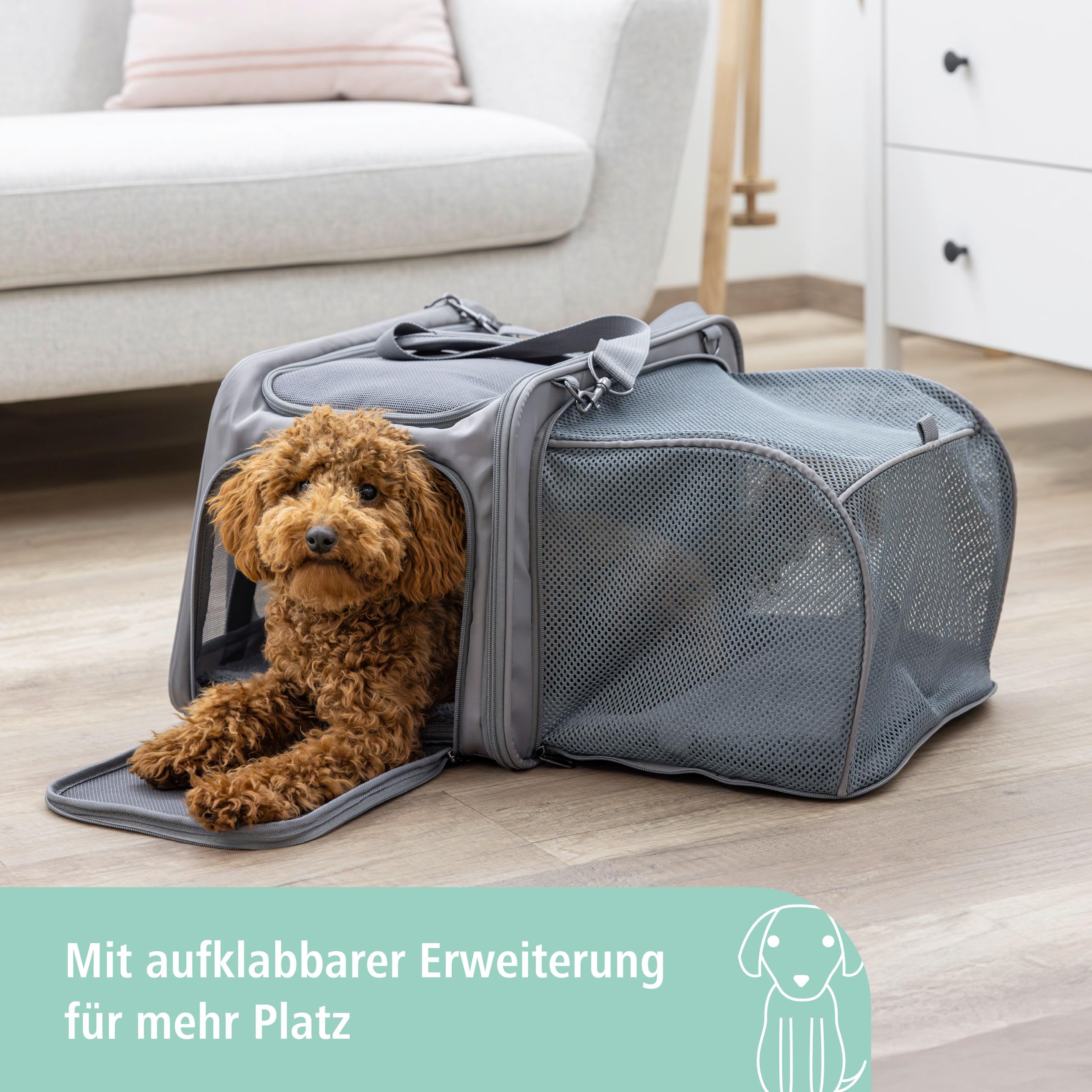 Kerbl Pet Tragetasche Vacation, Transporttasche, Transportbox, grau, 40 x 30 x 27 cm, für kleine Hunde und Katzen bis 15 kg, flugtauglich, Netz-Erweiterung, waschbar, Nylon-Gewebe