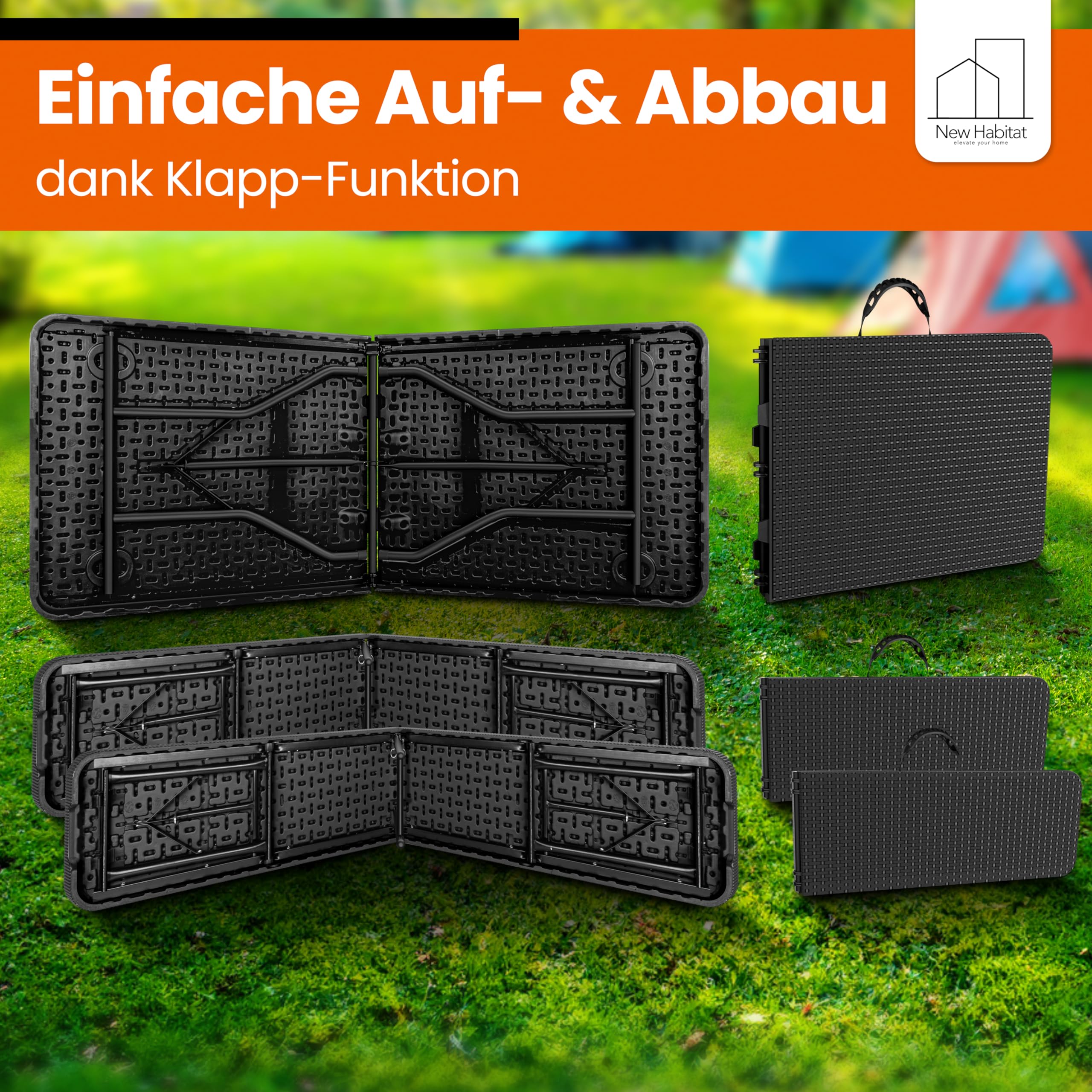 NewHabitat Kunststoff Bierzeltgarnitur Klappbar I 3er Set, Tisch + 2 x Bank mit Tragegriffe, Biertischgarnitur, Festzeltgarnitur, Bierbank klappbar, HxBxT: 75x180x75 cm (Schwarz)