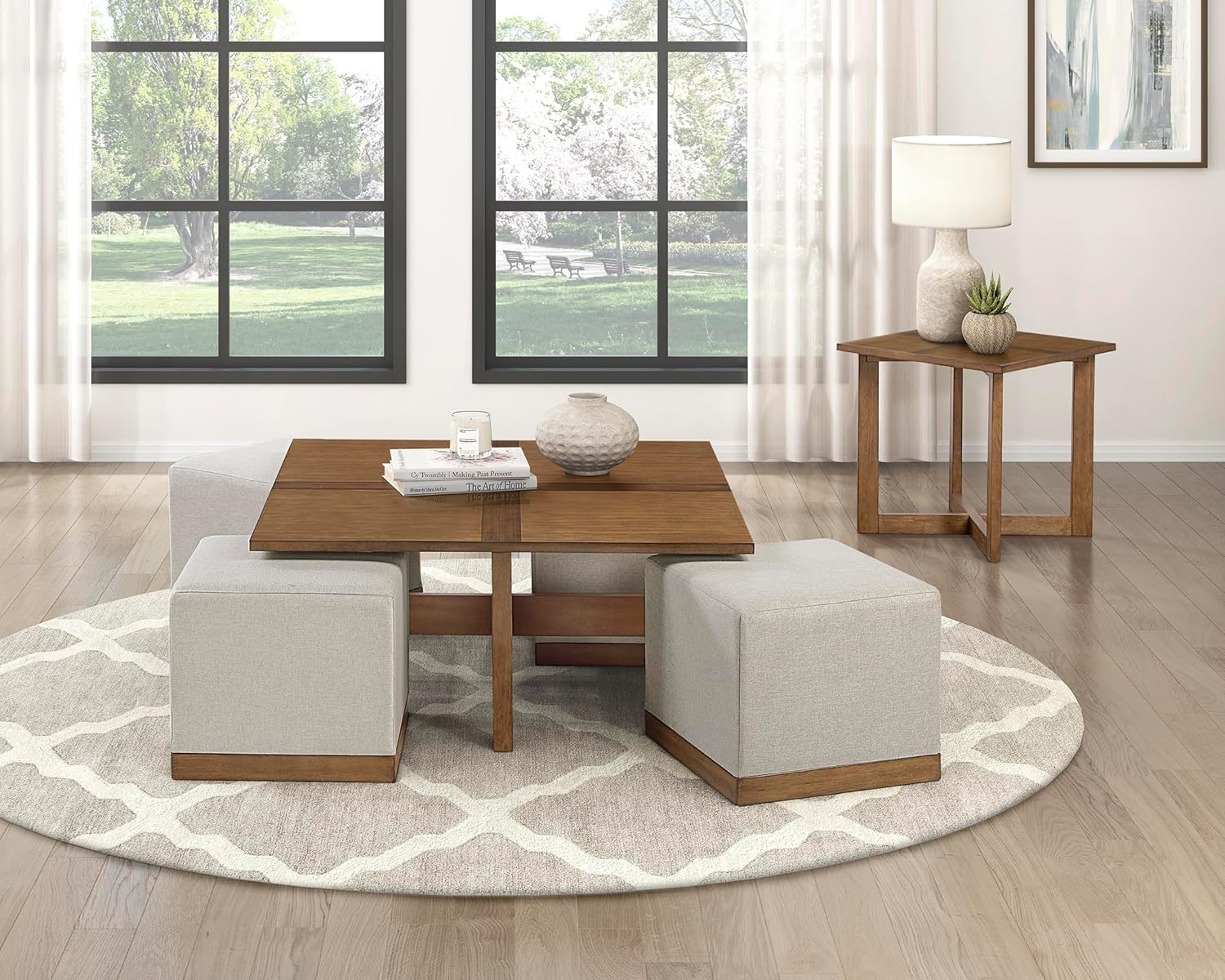 Lexicon 44" Square Coffee Table with 4 Upholstered Stools, Maple Veneer Wood Cocktail Table, Gray Upholstered Stools with Casters, Modern Living Room/Apartment Centerpiece, Full Assembled, Brown