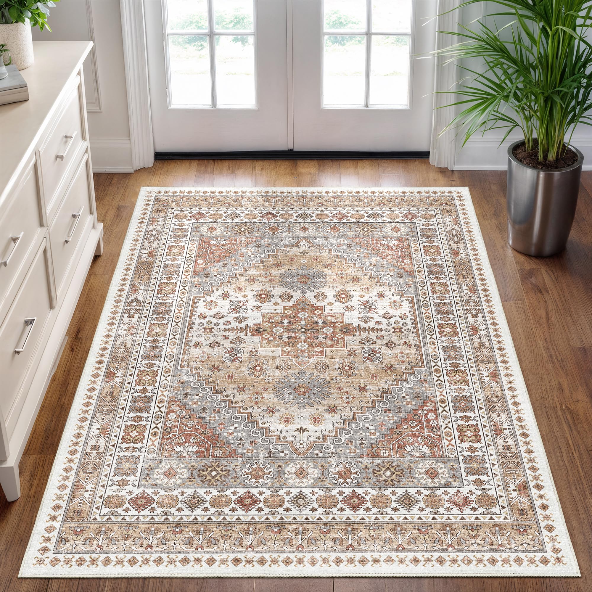 Restydon 3x5 Washable Area Rug for Entryway, Kitchen Rugs Non Slip for Dining Room, Vintage Floral Soft Living Room Rug, Thin Area Rug Indoor for Bedroom, Kids Room Decor(Orange,3'x5')