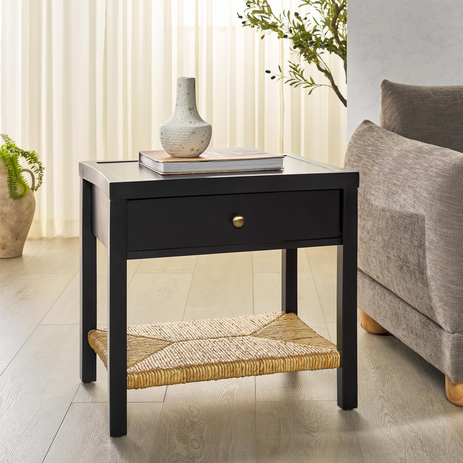 SAFAVIEH Couture Collection Berlynne Black/Natural Solid Wood 1-Drawer Banana Stem Shelf Accent Table Nightstand