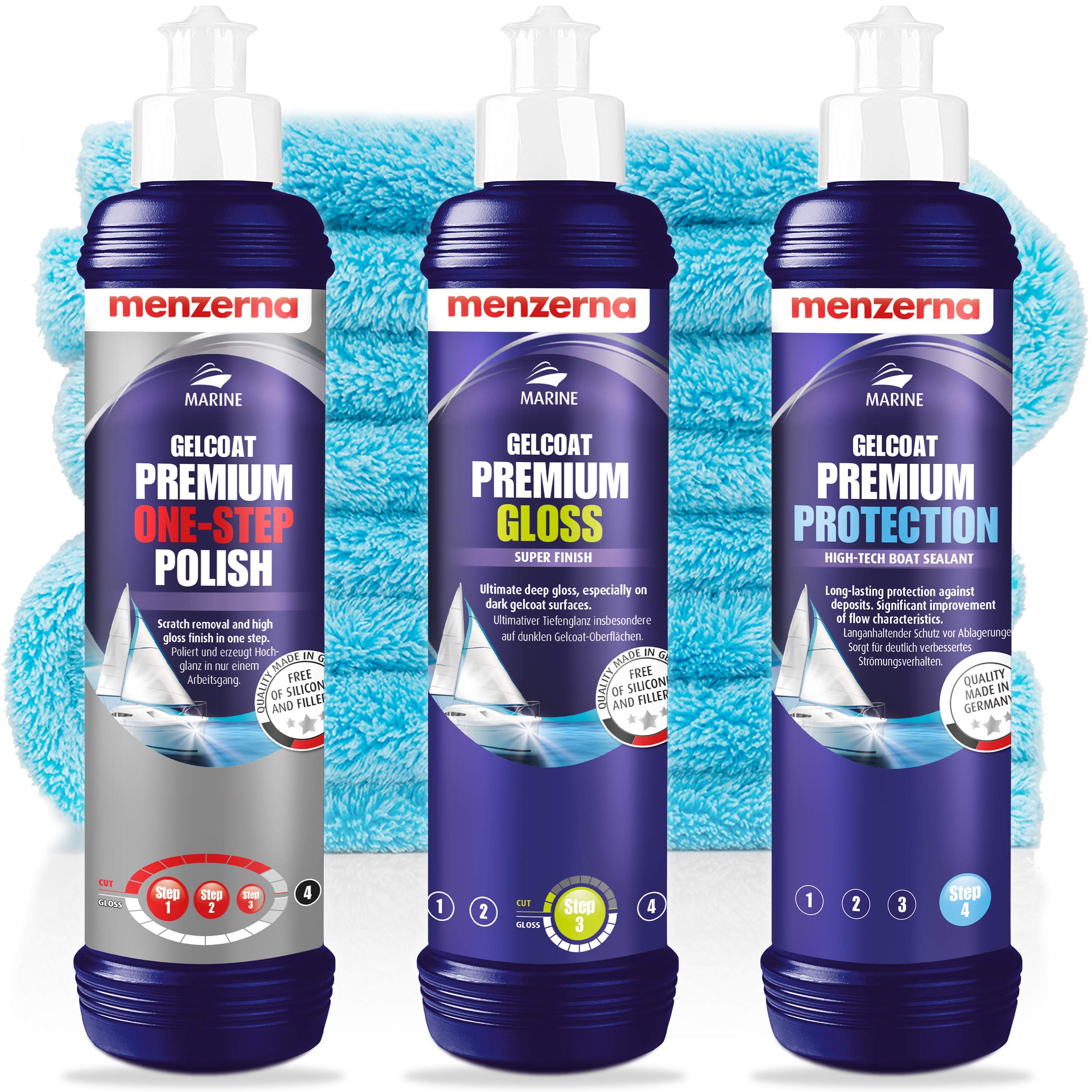 detailmate - Juego de abrillantadores Menzerna Premium Gelcoat Boots, 250 ml (One Step Polish + Gloss + Protect Set)