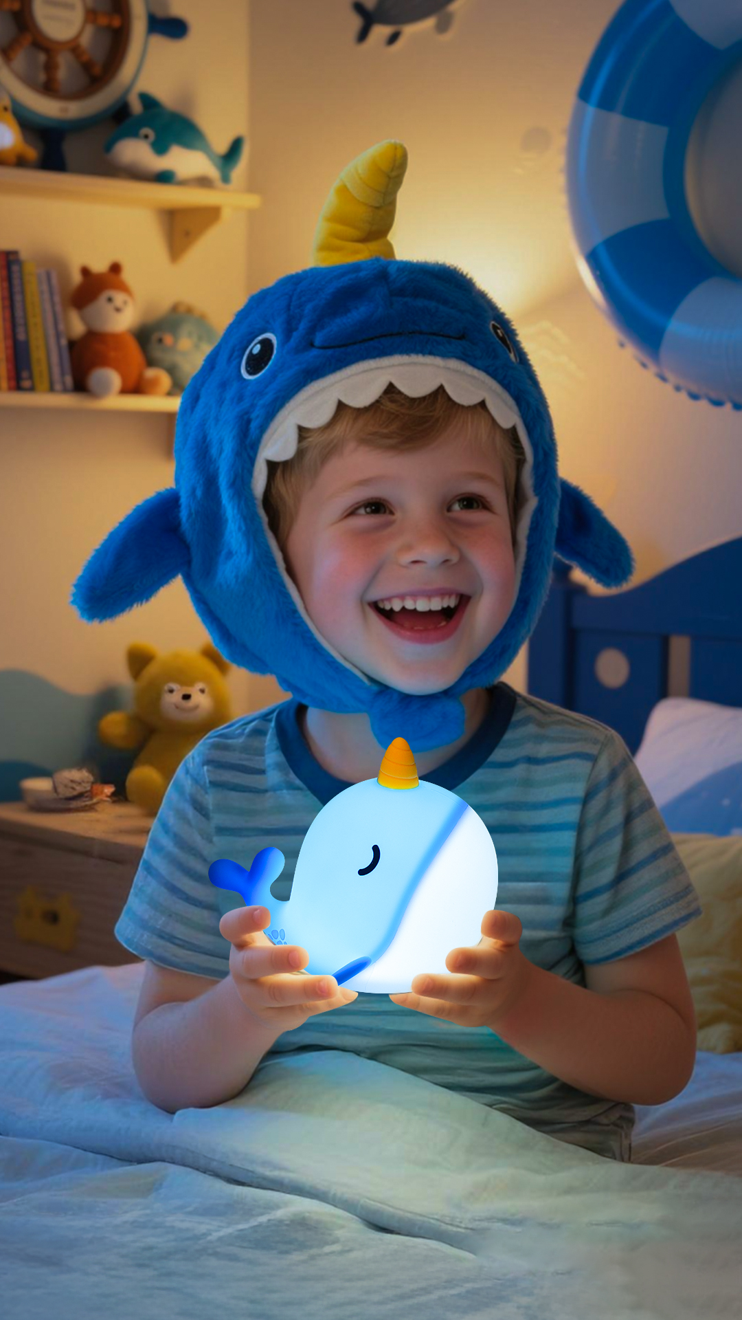 Image of Ammonite Blue Narwhal Night Light, Soft Silicone Whale Nursery Lamp with 3 Dimming Levels and 30-Minute Timer, Touch Control Nightlight for Bedroom Decor, Christmas Birthday Gift