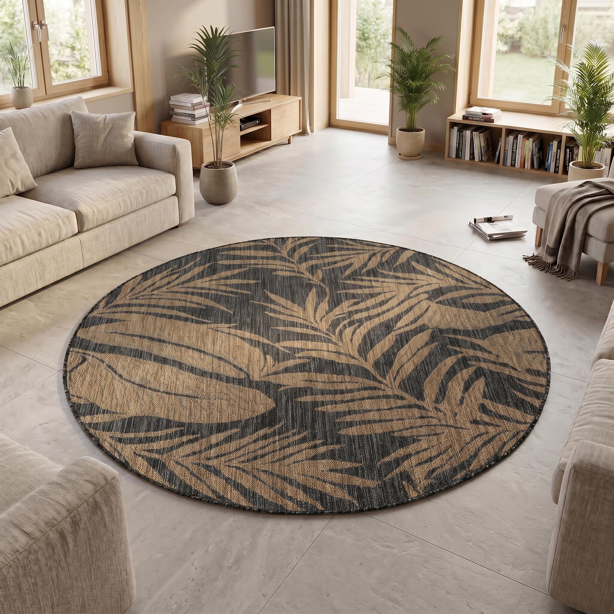 Teppium Outdoor Teppich Schwarz Natur Jute Optik Rund 160 cm Balkon Terrasse Garten Wetterfest UV-beständig Groß Palmblatt Flachgewebe Pflegeleicht Robust Modern