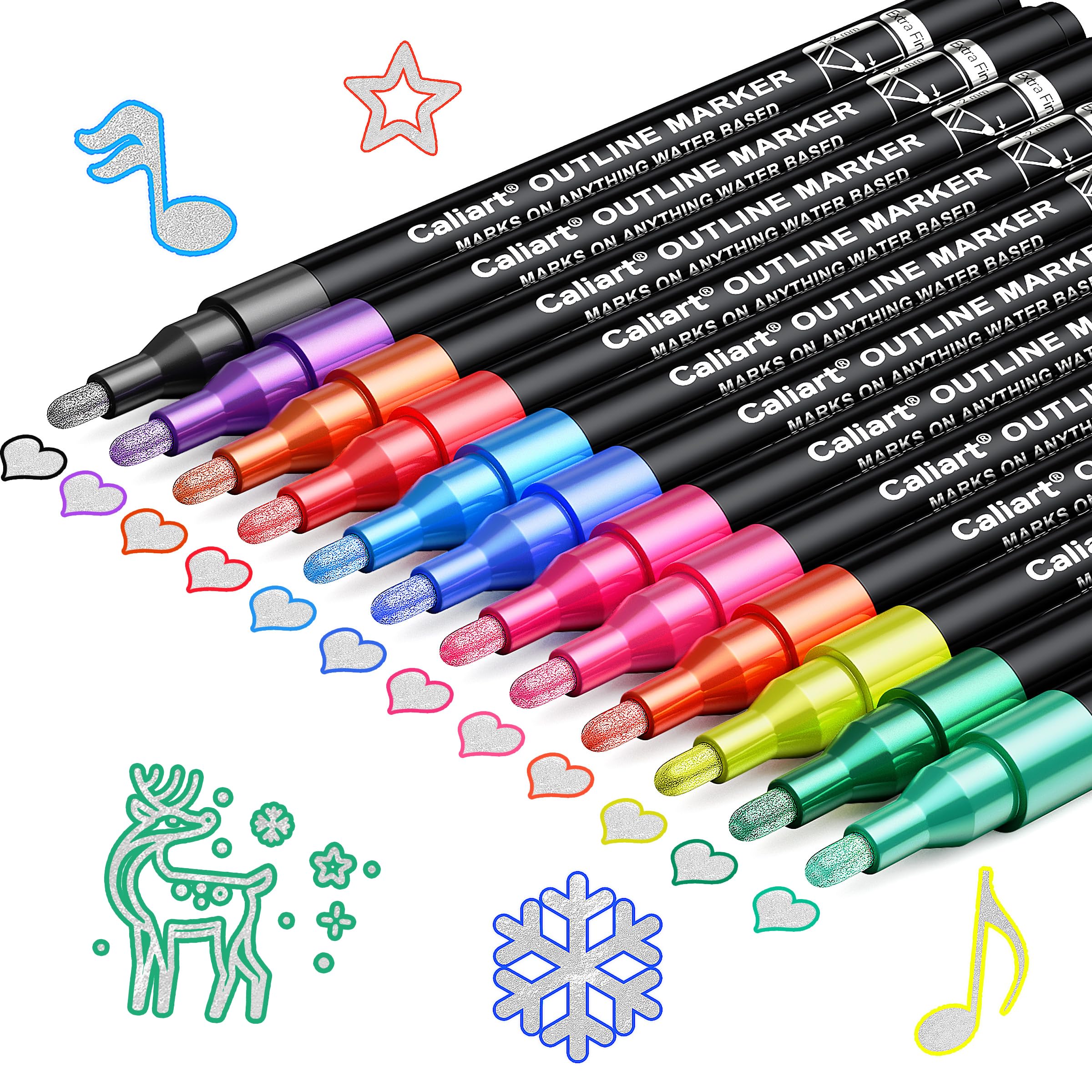 CaliartStocking Stuffers for Kids, 12-Color Shimmer Double-Line Drawing Doodle Outline Markers, Teen Girl Gifts Trendy Stuff, Glitter Markers Pens Set Christmas Art Supplies for 4-6-8-10-12 Year Old