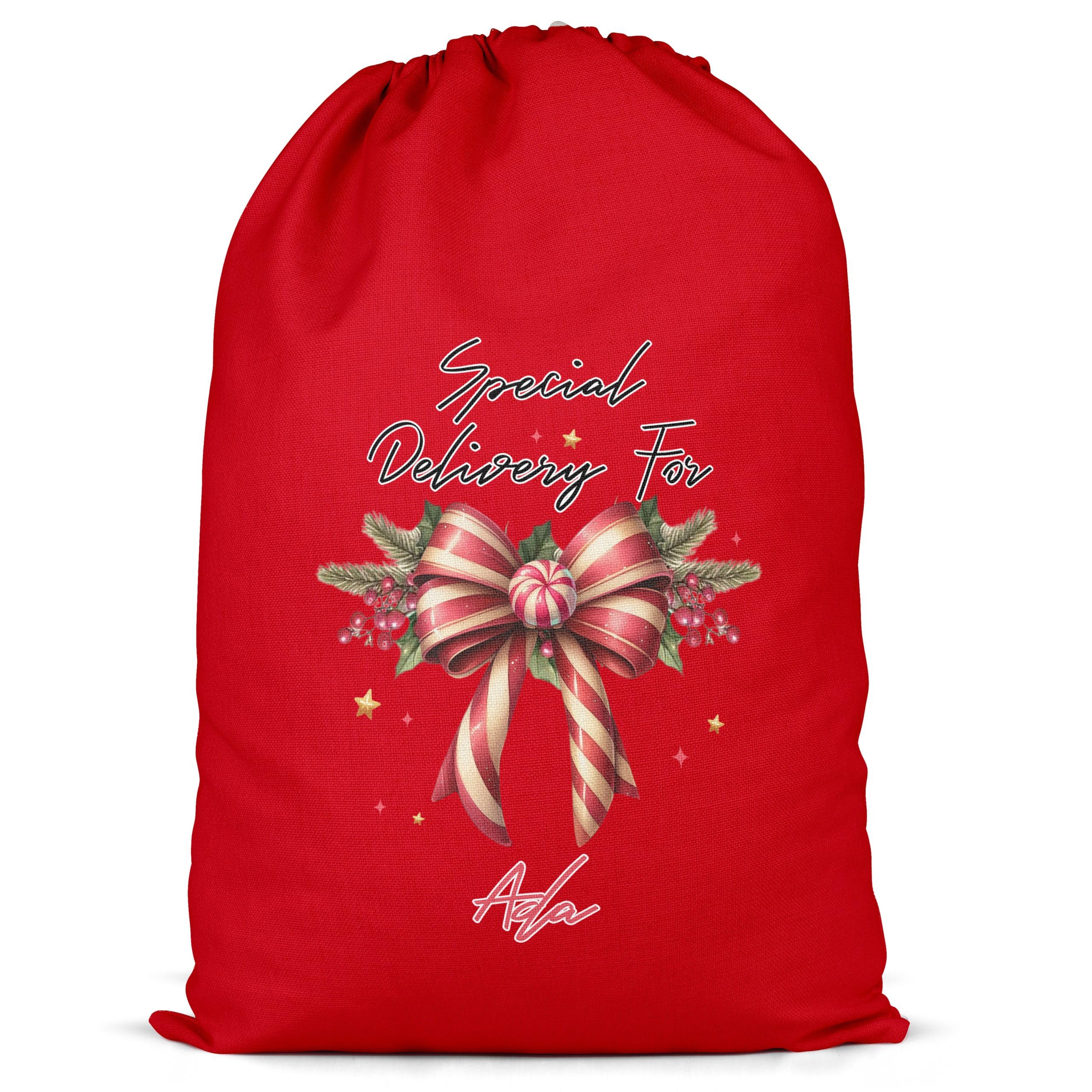 Purple Print House Personalised Christmas Candy Cane Present Sack For Girls Special Delivery Xmas Bow Kids Gift Bag, XL, Red