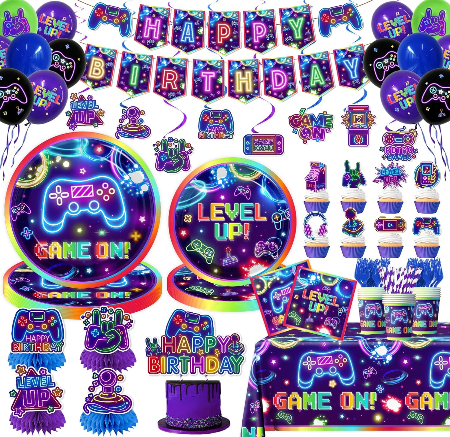 Video Game Birthday Decorations, 197Pcs Gaming Party Decorations Include Plates Napkins Cups Banner Tablecloth Honeycombs Cake Toppers Hanging Swirls for Boy Gamers Birthday Party