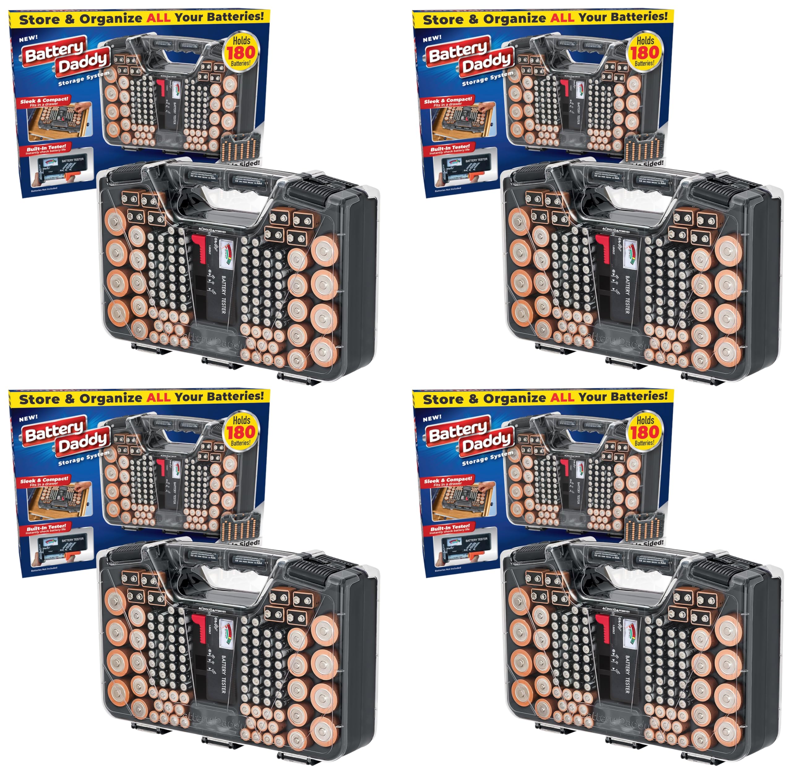 Battery Daddy Storage &amp;Organizer Case w/Tester,Stores&amp;Protects Up to 180 Batteries,Double-Sided,Clear Locking Lid,Secure Latches_&amp;Portable Carrying Handle-Charcoal (Batteries Not Included) (Pack of 4)
