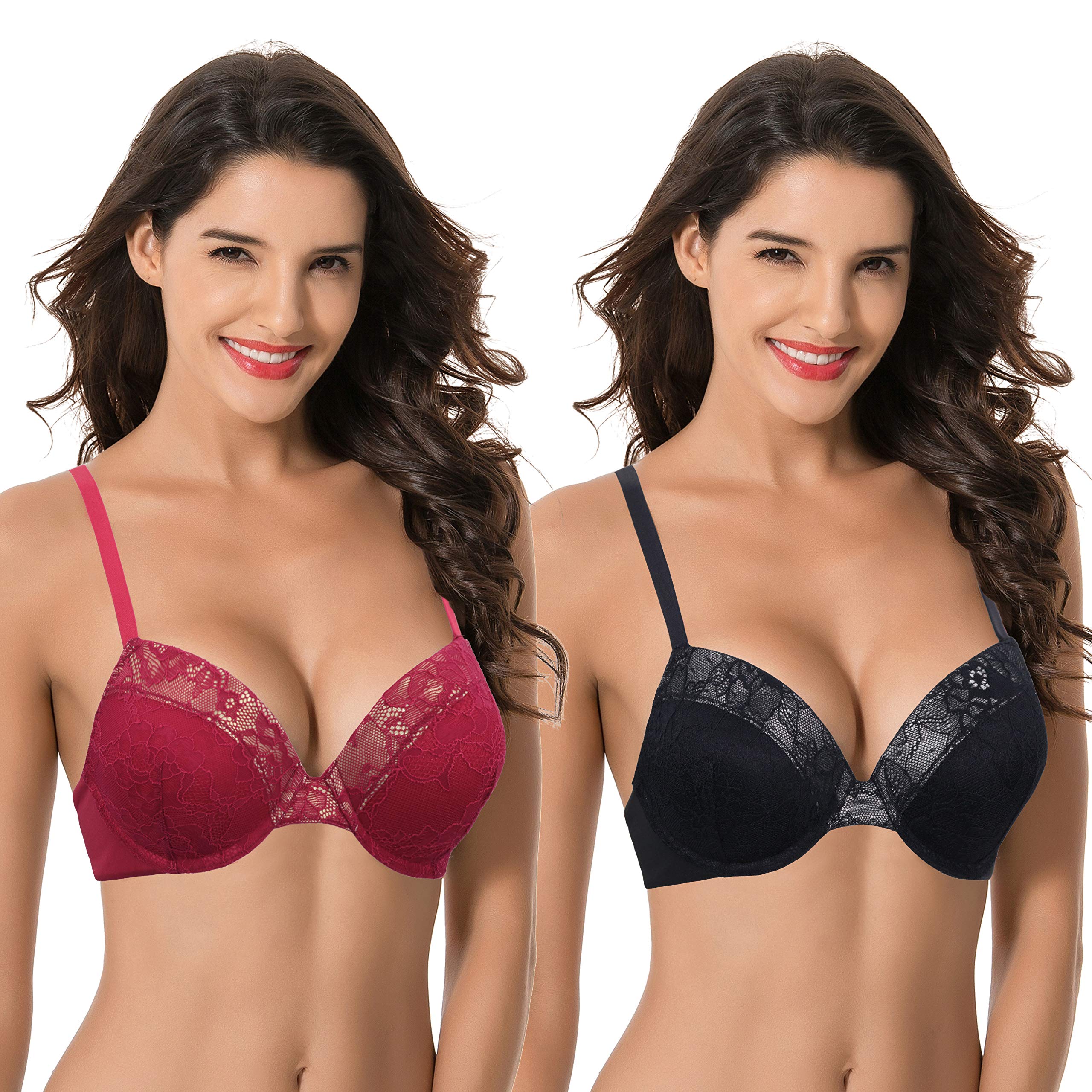 Curve Muse Reggiseni in pizzo push-up con ferretto da donna Plus Size Aggiungi 1 e mezza coppa, Nero, rosso (confezione da 2), 5D