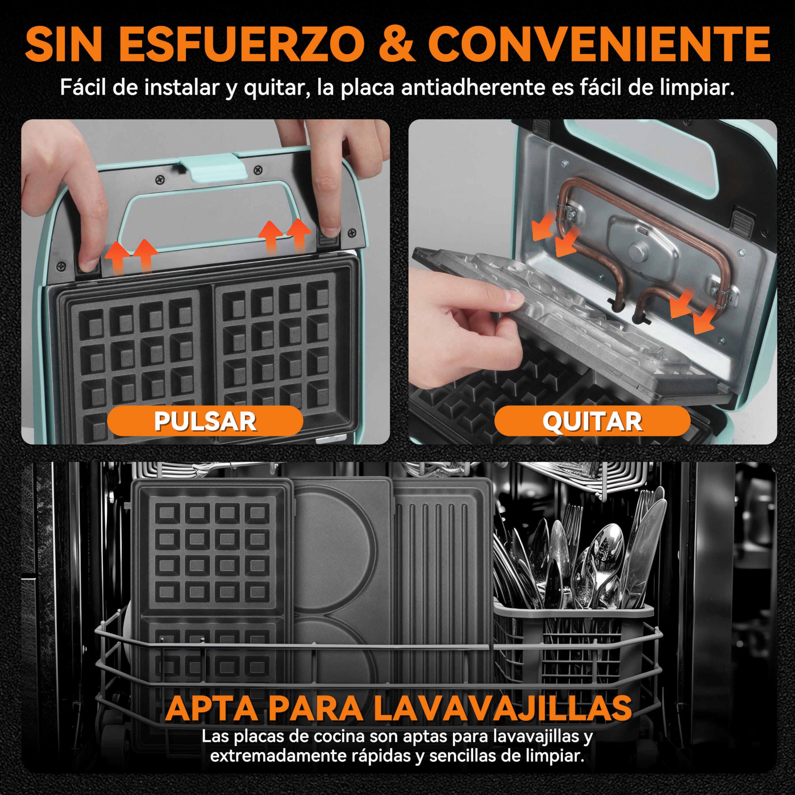 Baker's Friend Plancha para Waffles 3 en 1 con Placas Extraíbles, Plancha para Waffles Cuadrada con Placas Extraíbles, Prensa para Panqueques y Sándwiches, Fabricante de Queso a la Parrilla, Antiadher