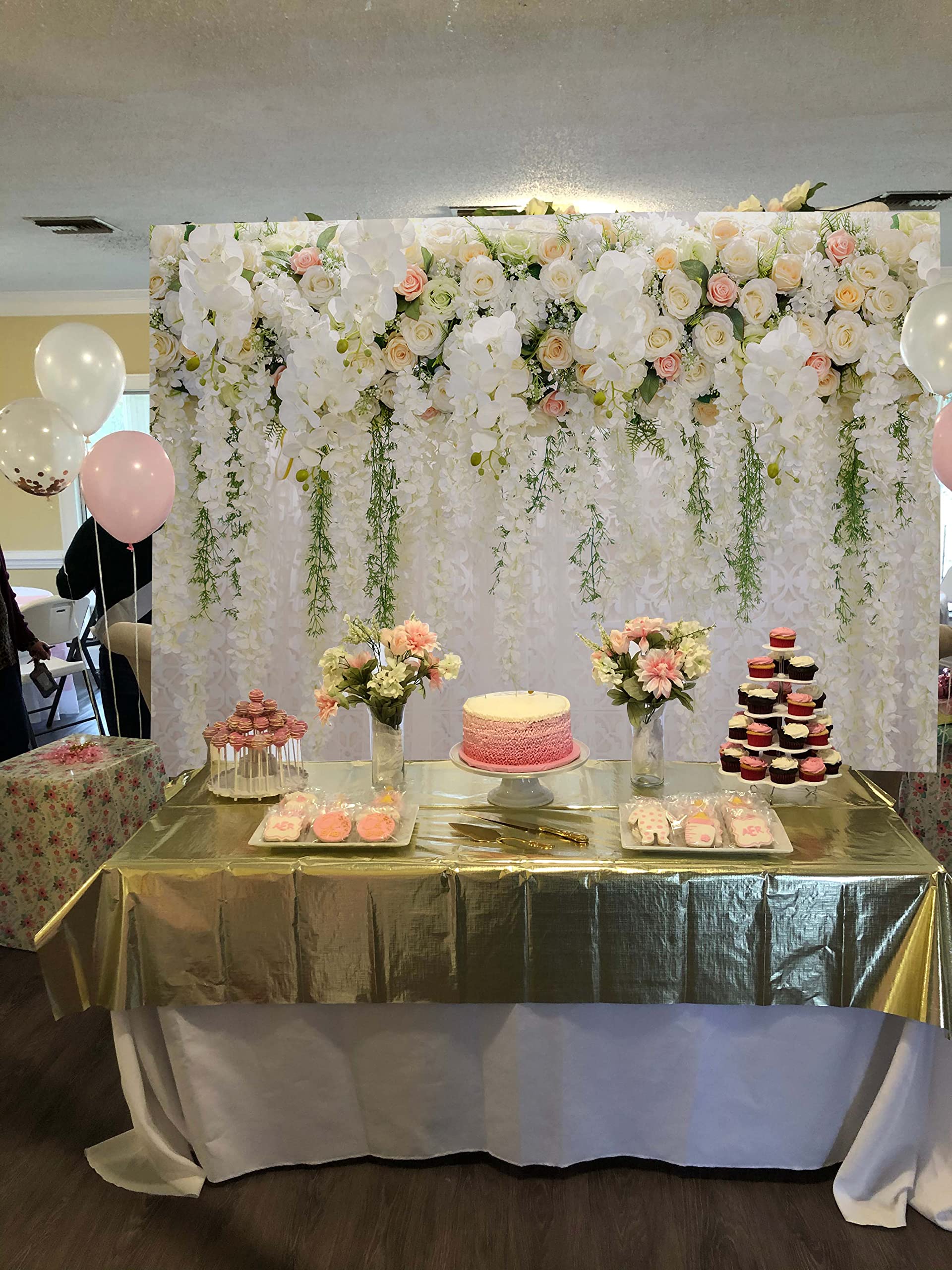 BUTEN Toile de Fond Blanche avec Motif Floral pour fête prénuptiale, Fond de Photographie Florale pour réception de Mariage, fête prénatale, Fournitures de décoration