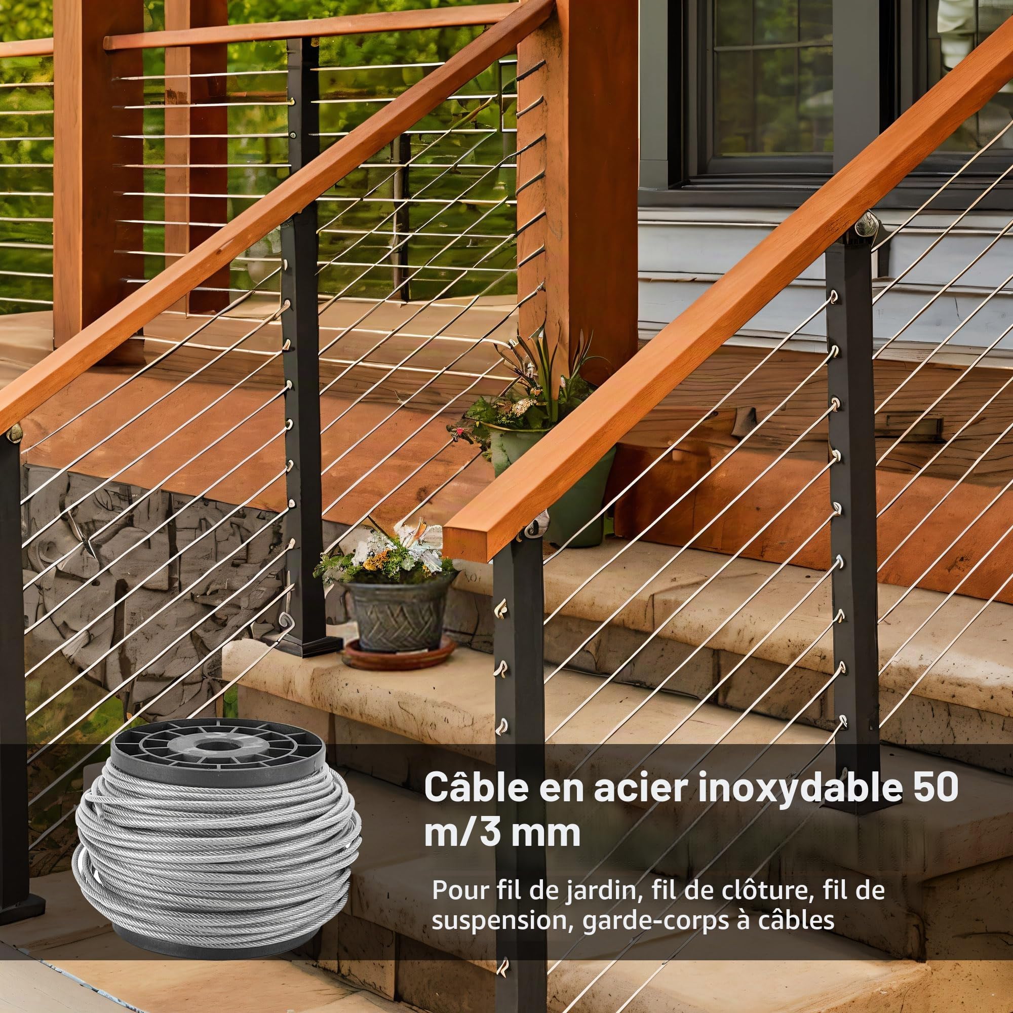 Câble métallique en acier inoxydable de 10 m, 5 mm avec revêtement en PVC, kit de câbles robustes de 7 x 7 brins avec 10 pinces pour jardin, extérieur