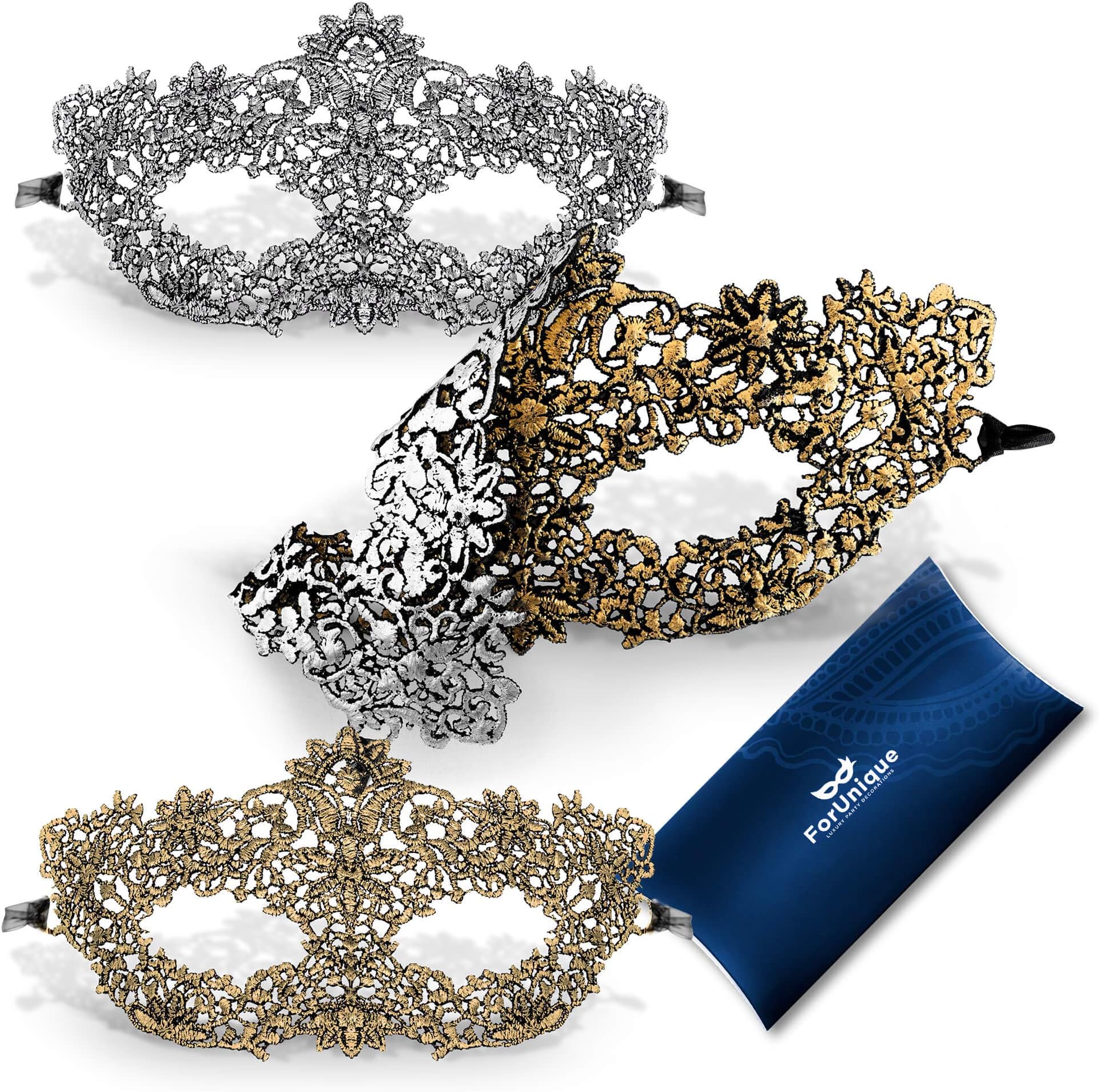 One Masquerade Mask for Women 2 Sides - Unique Luxury Design One Side Gold and One Silver Girl Lace Venetian Eye Mask - Party Supplies Accessories Carnival Mardi Gras Anniversary Ball Prom Halloween