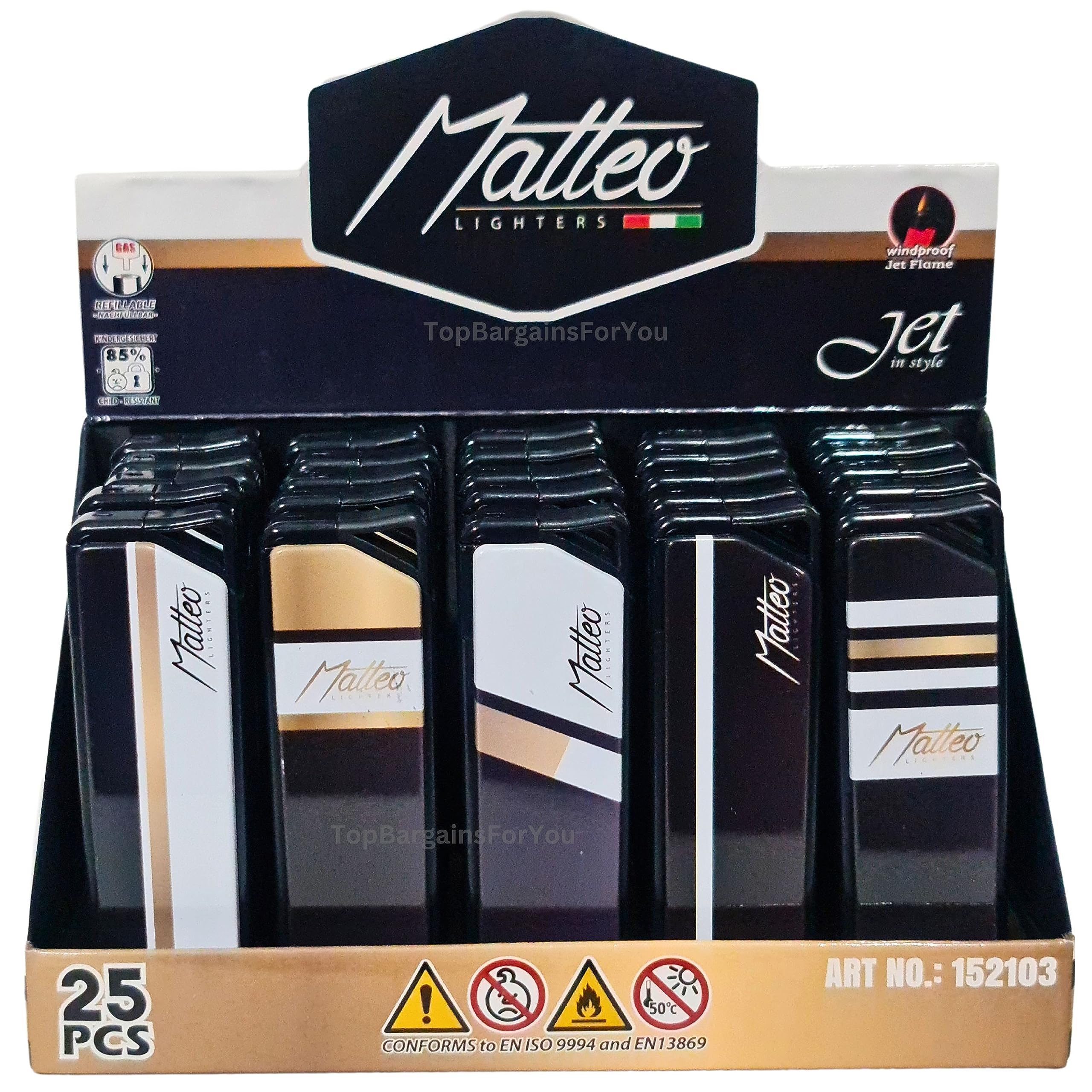 5 x MATTEO Windproof Jet Flame Lighter Set Rare Dustproof Electronic Gas Refillable (Elegant Gold)