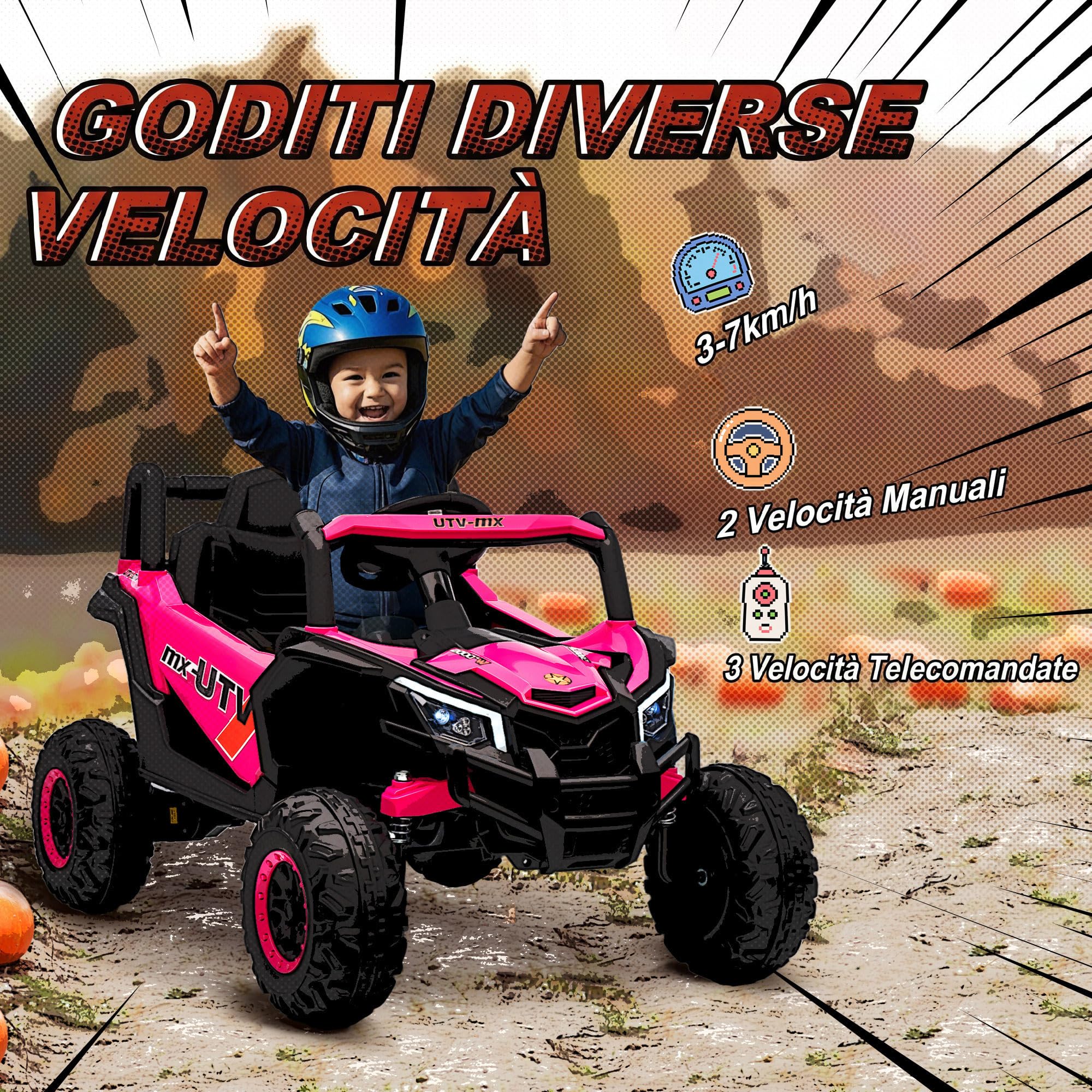AIYAPLAY Macchina Elettrica per Bambini UTV 12V con 2 Motori e Luci, Rosa