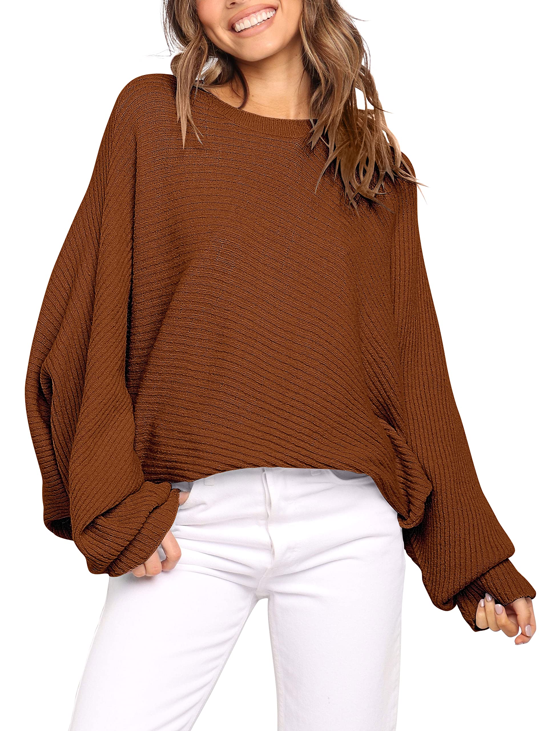 ANRABESS Women's Oversized Crewneck Sweater Batwing Puff Long Sleeve Ribbed Slouchy Pullover Sweater