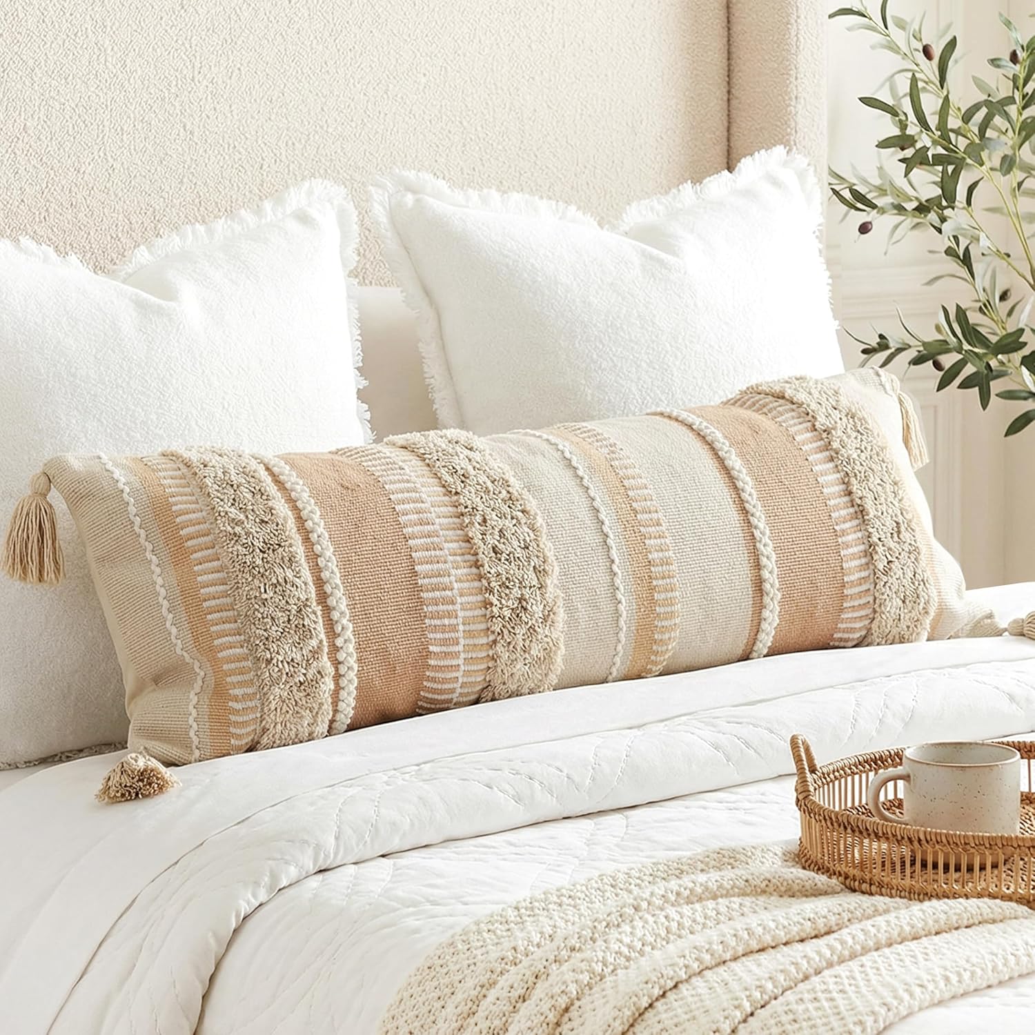 BlissBlush Decorative Lumbar Pillow Cover 14x36 for Bed, Neutral Cream Boho Long Accent Pillow with Tassels, Beige Rectangular Cushion for Couch Sofa Bench Bedroom (Cover Only)