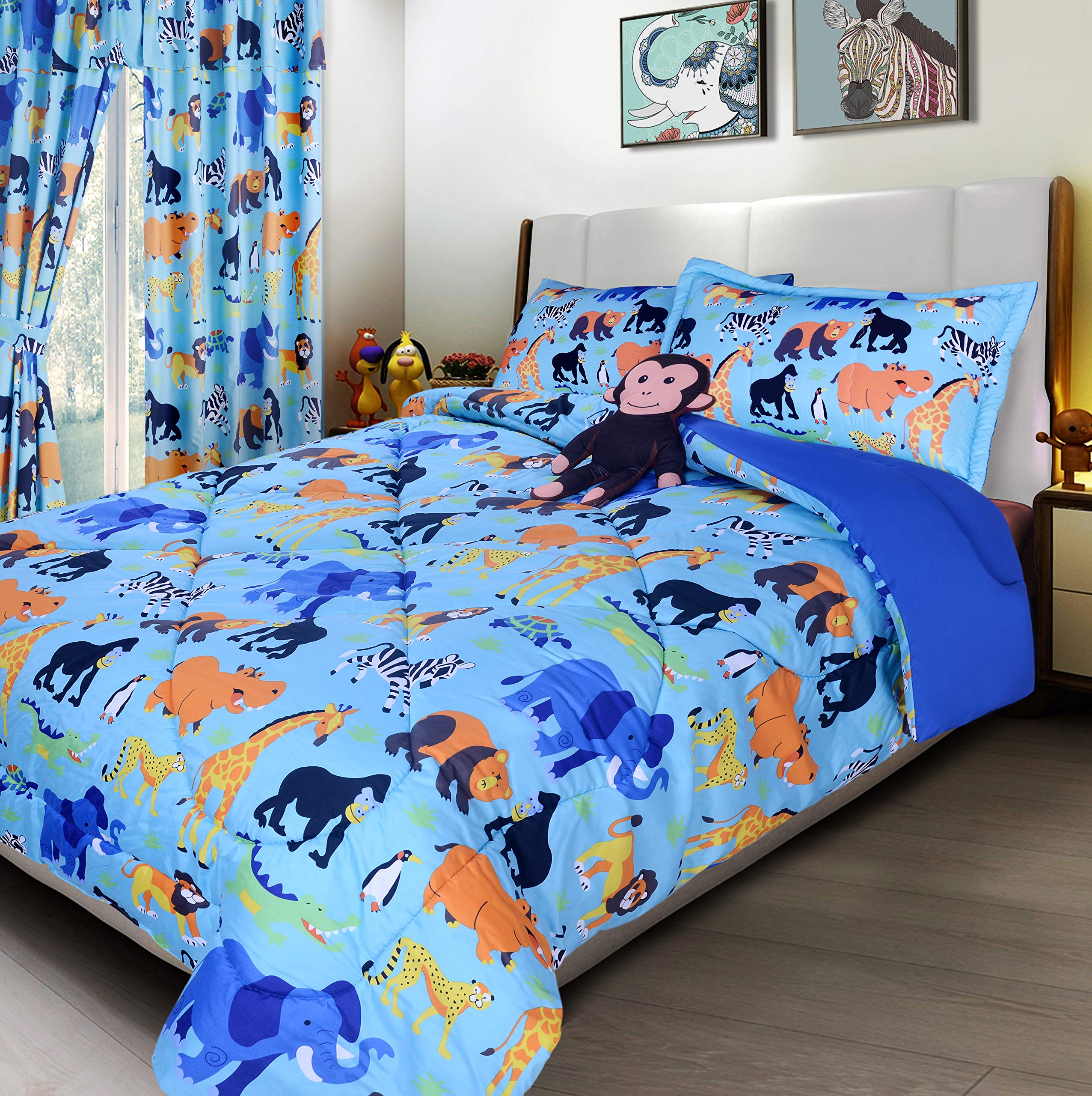 Golden Linens LLC Full Size 8Pcs Kids Bed- in Bag Comforter, Pillowcases , Sheet Set &Toy Cushion Jungle Animals Elephant Giraffe Lion Monkey Zoo# 19-01 Full8pcs