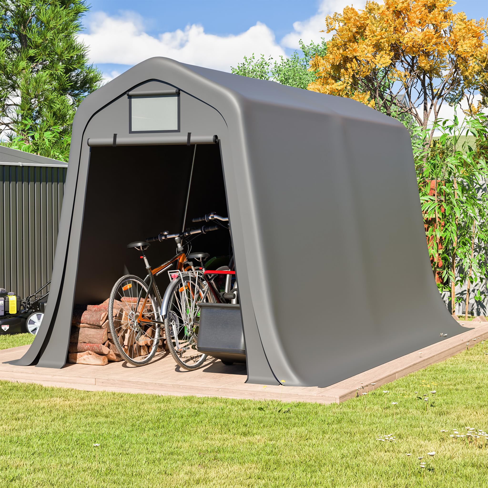 zelt mit spitzdach Garagenzelt 366x213x225cm, Carport Spitzdach, Lagerzelt Winterfest, Fahrradzelt mit Rolltor, Wasserdichtes PE-Material mit Belüftungsfenster, UV- & Windfest, für Auto, SUV, Grau (7 * 12FT) Garten Stück:Pair Lenkstangen Schutzh lle f discountko