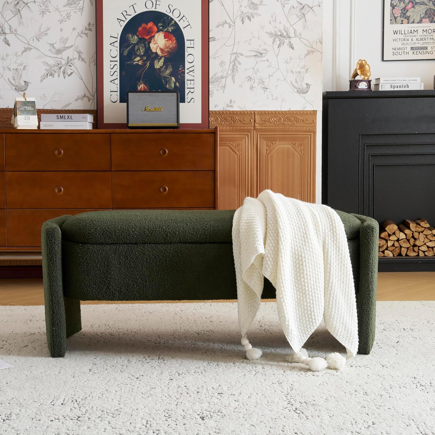 Christopher Knight Home Neapo Oval Storage Ottoman, Boucle Bench Ottoman, Storage Bench Chair, Hidden Space, End of Bed Upholstered Storage Bench for Living Room Bedroom Home Decor, Dark Green
