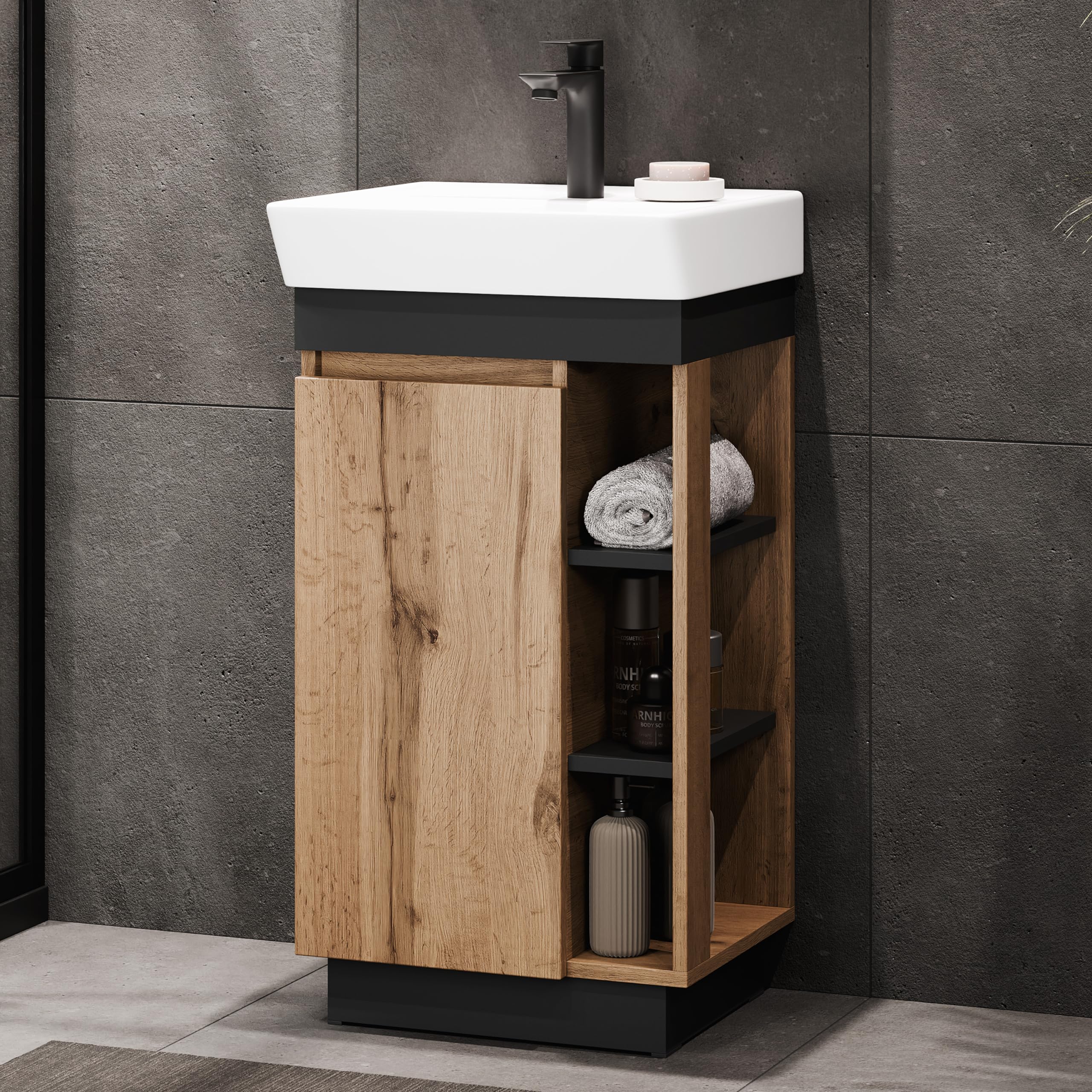 Planetmöbel Nyx Ensemble de Meubles de Salle de Bain 2 pièces Lavabo Meuble sous Vasque 45 x 85,9 x 42 cm Chêne Wotan/Anthracite avec Armoire de Toilette 50 x 65 x 11,4 cm avec Lampe LED apparente