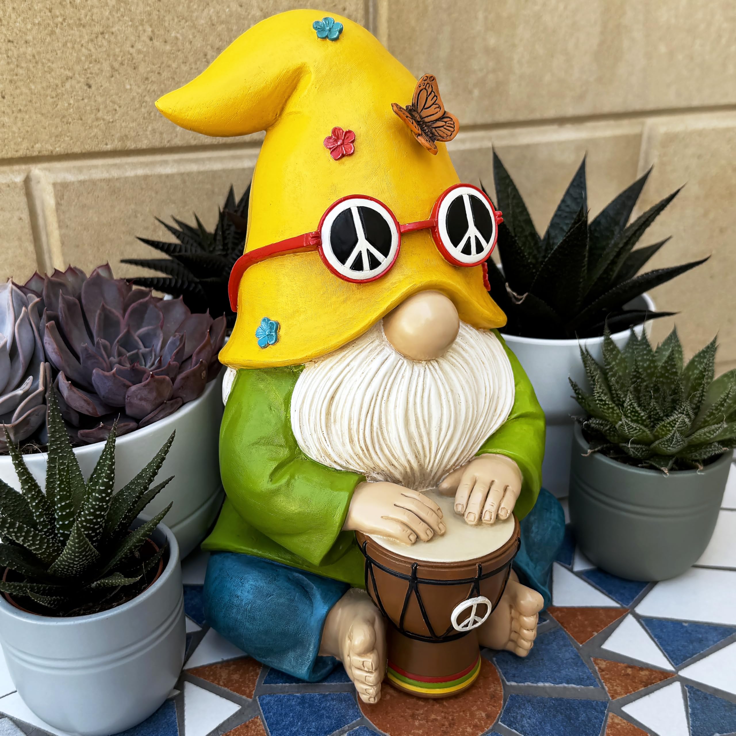 Mood Lab Ogród krasnal - hipisowski perkusista krasnal figurka - 20 cm wysokości zabawna statuetka trawnika - do dekoracji na zewnątrz lub domu