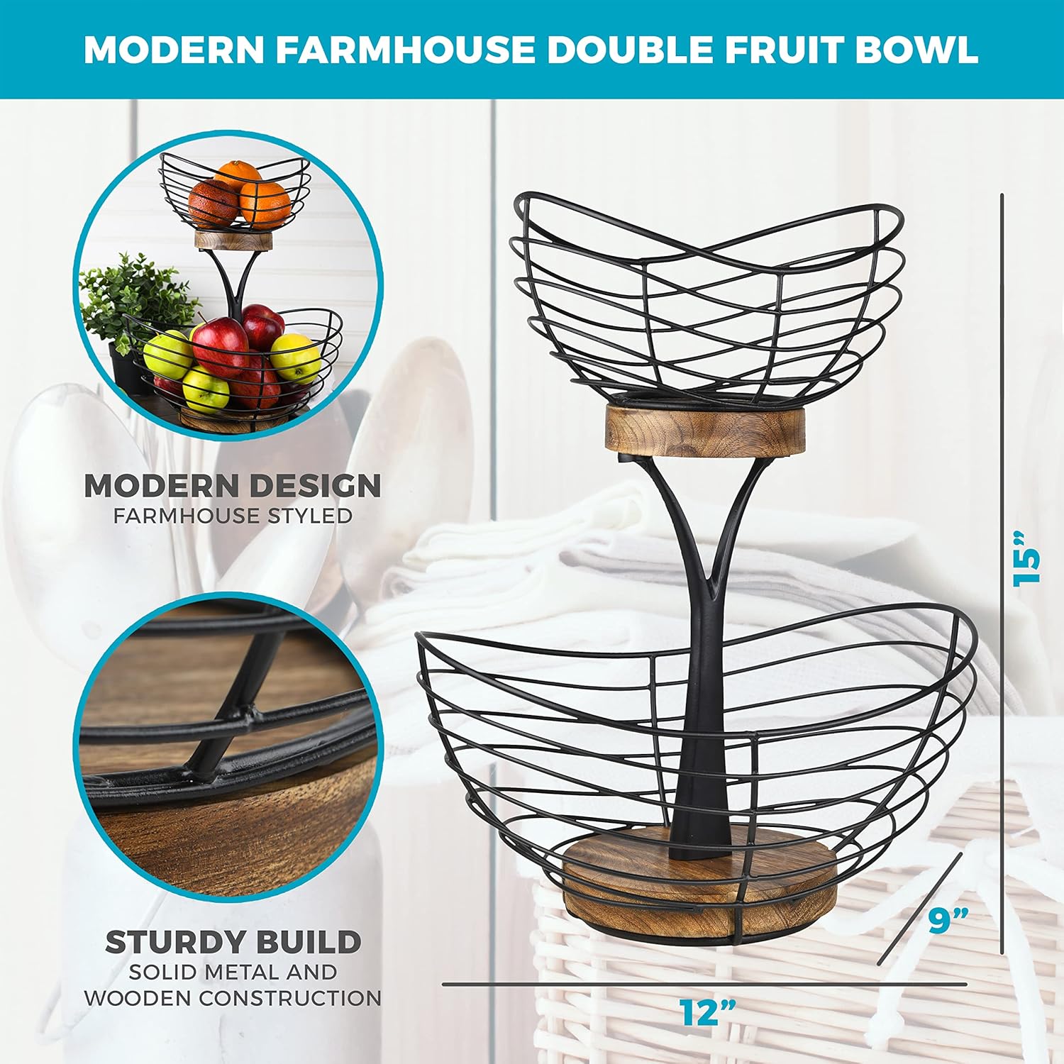 Tribello Modern Farmhouse 2 Tier Fruit Basket for Kitchen Counter, Vintage Wire and Wooden Base Fruit Bowl / Stand for Kitchen countertop Decor - Double Tree Fruit & Vegetables Basket
