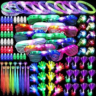 122 PCS Glow In The Dark Party Supplies Light Up Toy Party Favors with 12 Flashing Glasses LED Bracelets Flashing Hair Neon Peacock Finger Light LED Whistle Glow Hand Clappers and 50 Finger Lights