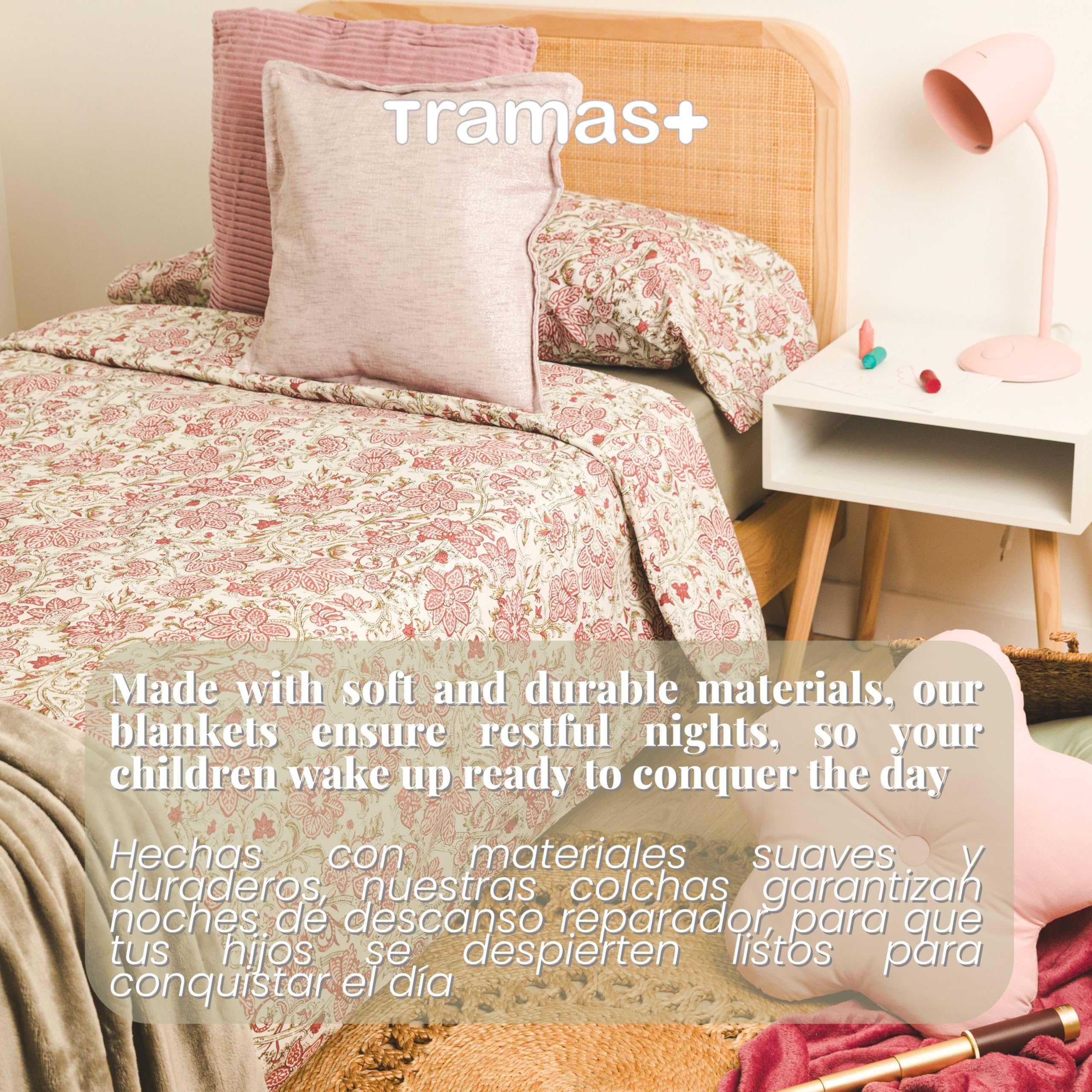 TRAMAS+ Colcha Infantil de Verano y Primavera, Microfibra Acolchada Estampada, 220 x 270 cm, Diseño Divertido para Cama 120 cm - Dinosaurus Indigo