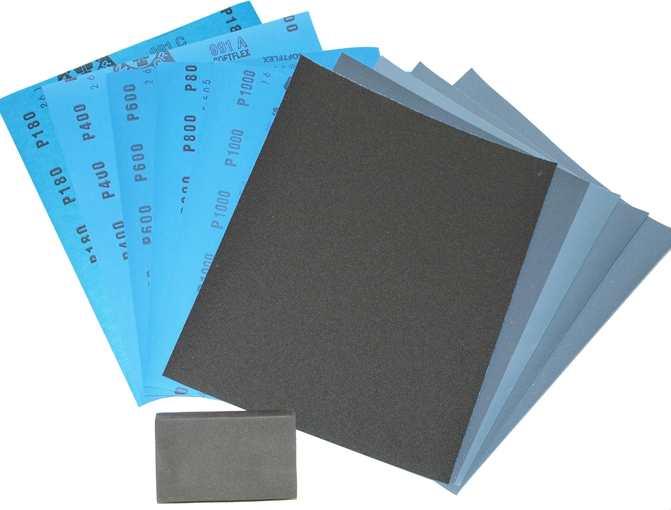 Wet and Dry Sandpaper Kit 180/400/600/800/1000 with Sanding Block. 10 Sheets Mixed Grits. Equal Amounts of Each Grit. Silicon Carbide Abrasive Waterproof Paper.